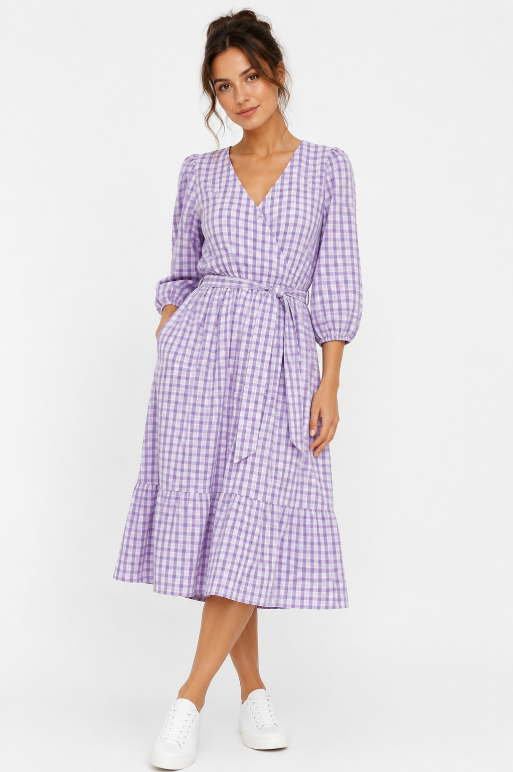 Dorothy Perkins Midi Dress UK 12 Faux Wrap Belted Lilac Check NWT Polyester New