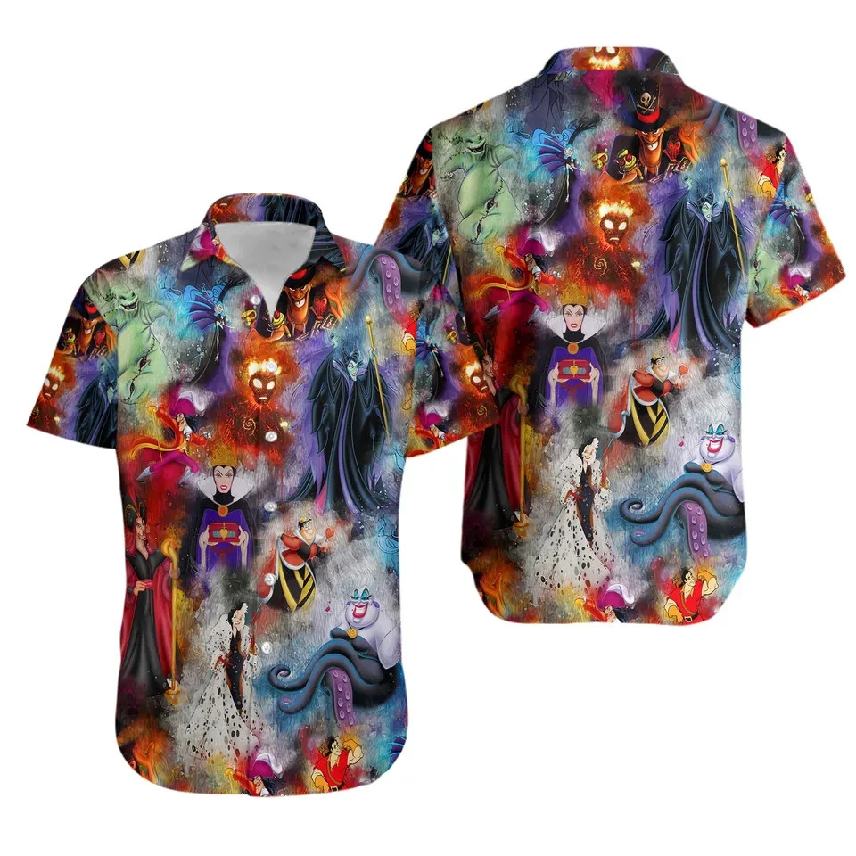 Evil Villains Watercolor Character Hawaiian Button Down Shirt Theme Park Fan