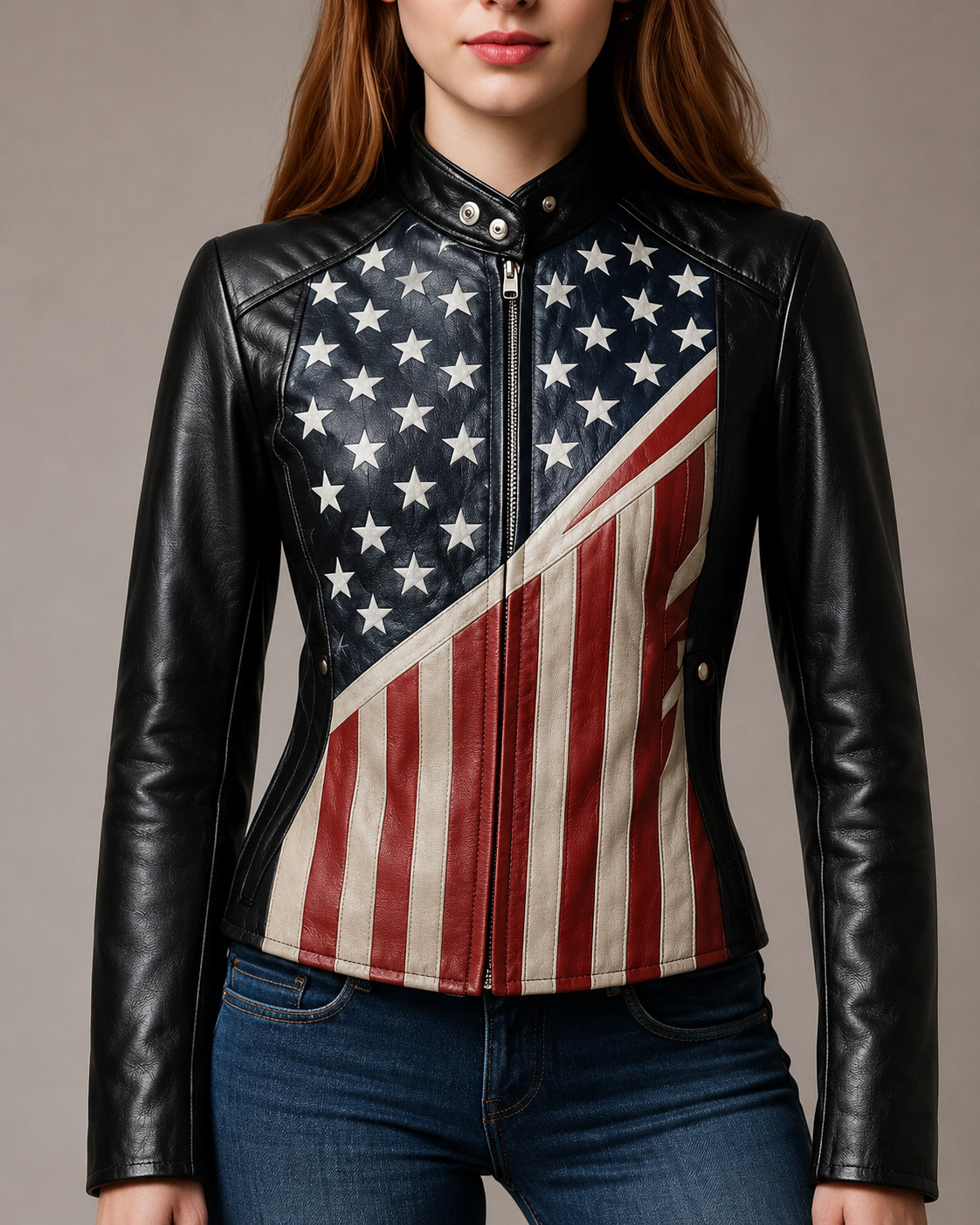 Women’s Black Leather Biker Jacket – USA Flag American – Moto Slim Fit Zip Coat