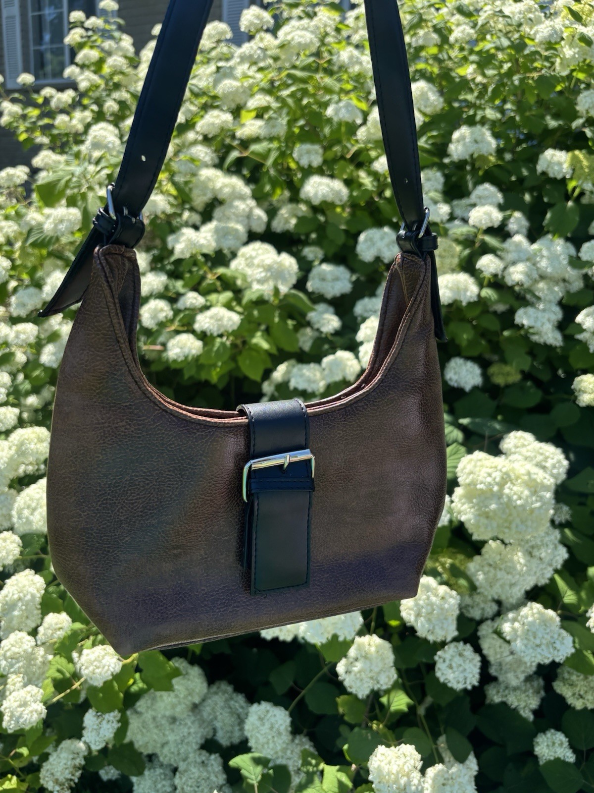 Women’s Brown Solid Crescent Shoulder Bag Black Strap Silver Buckle Accent