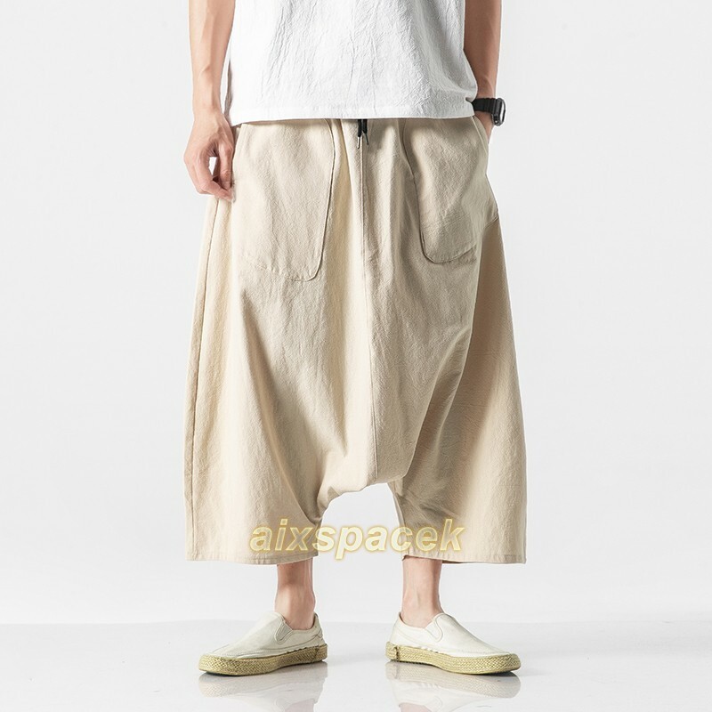 Summer Men’s Cotton Linen Drop Crotch Baggy Big Fork Pants Trouser Chinese