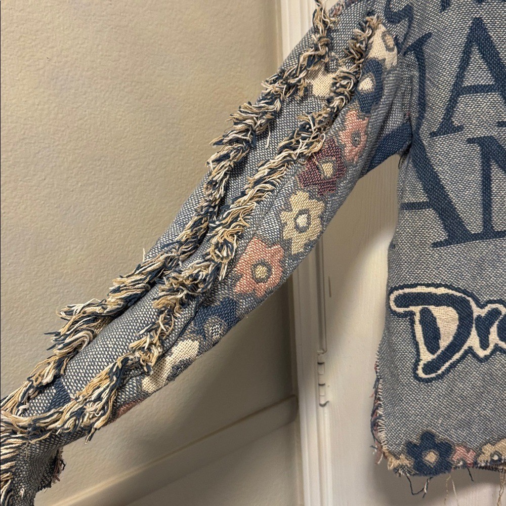 RARE! Dreamsicle Tapestry Sweater Cherub Long Sleeve V-Neck Distressed Fringe
