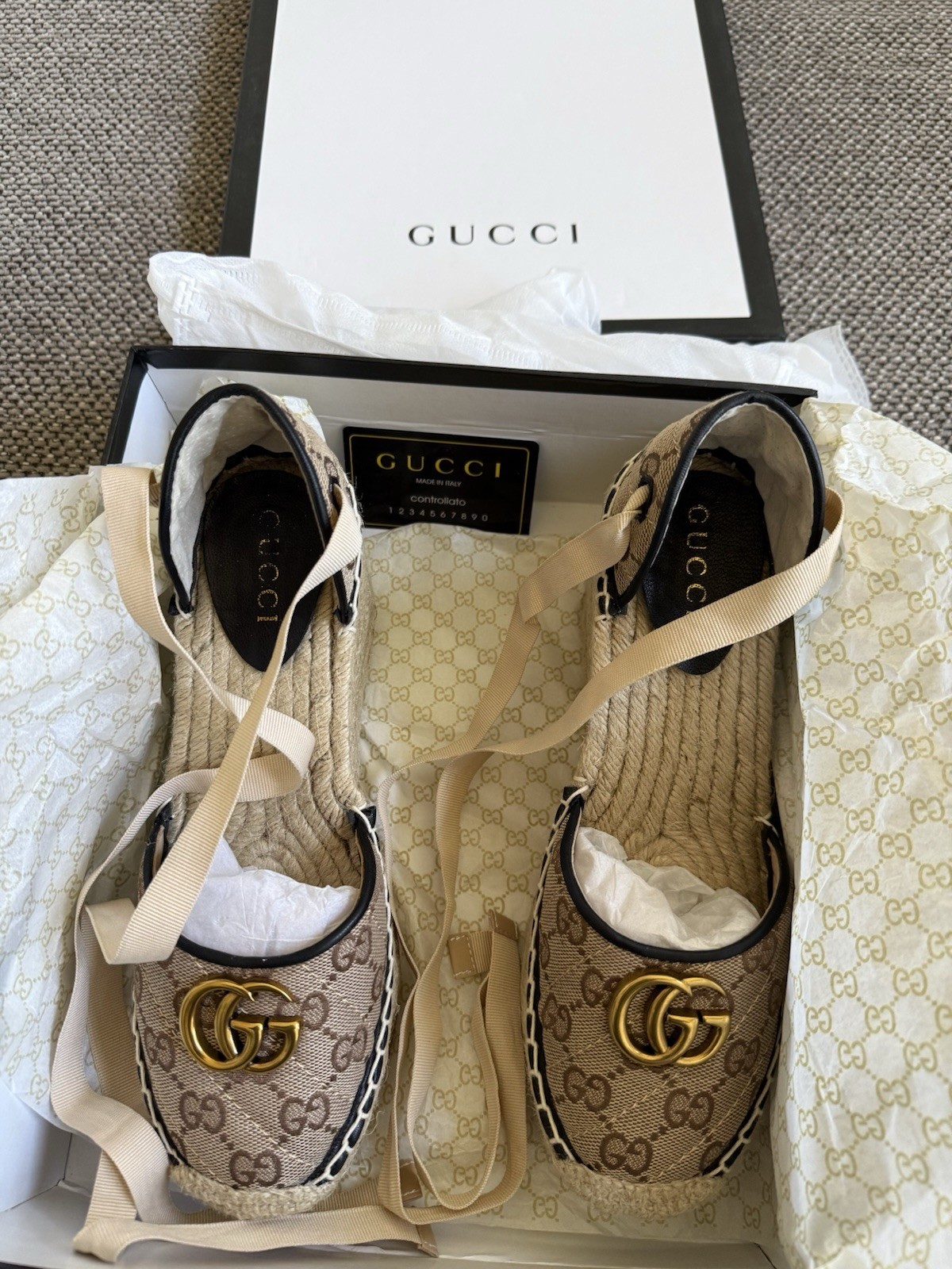 Gucci GG Marmont Canvas Ankle-Tie Platform Espadrille Wedges Size 39 / US 8.5