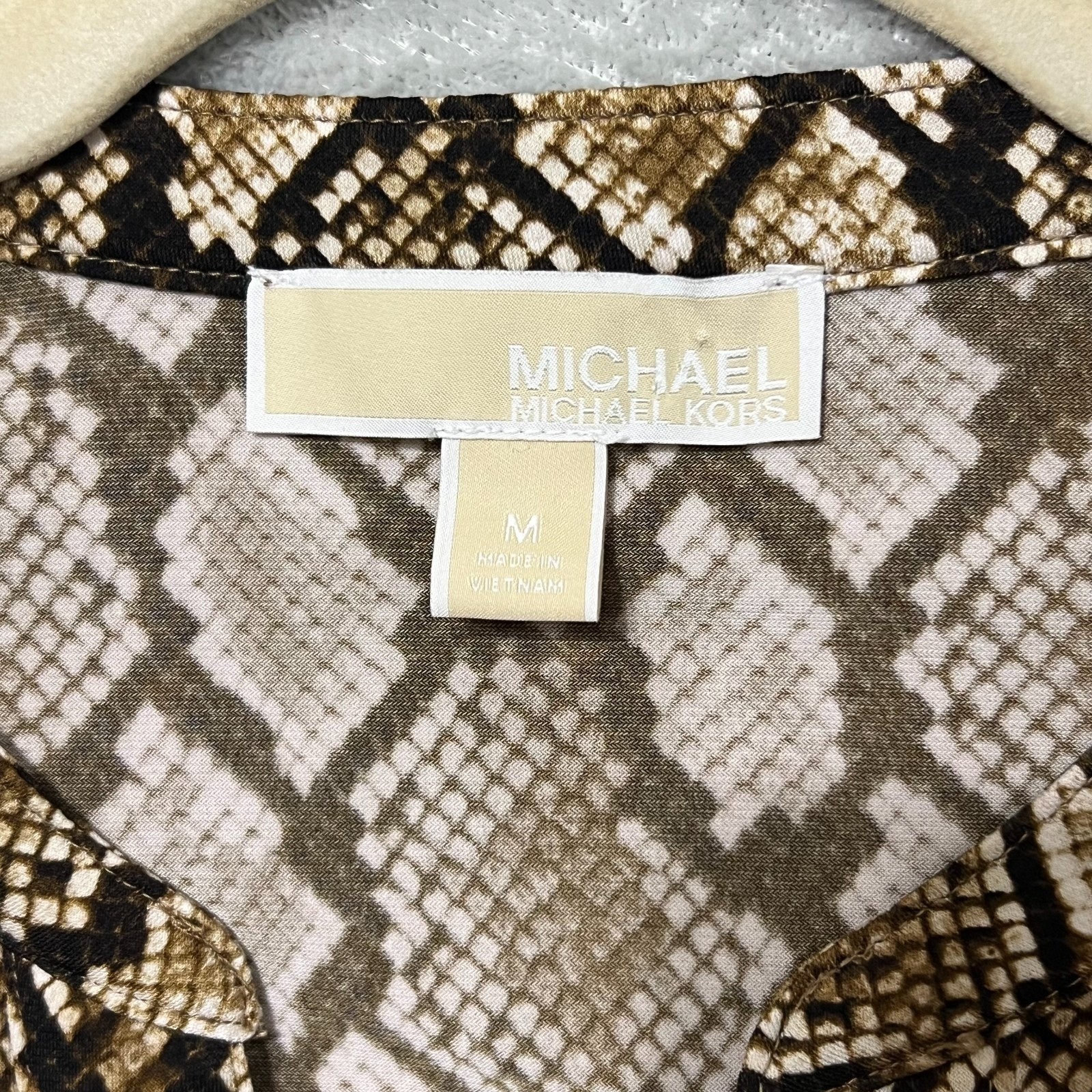 Michael Kors Button Blouse Womens Medium Brown Snakeskin Roll Tab Sleeve Top