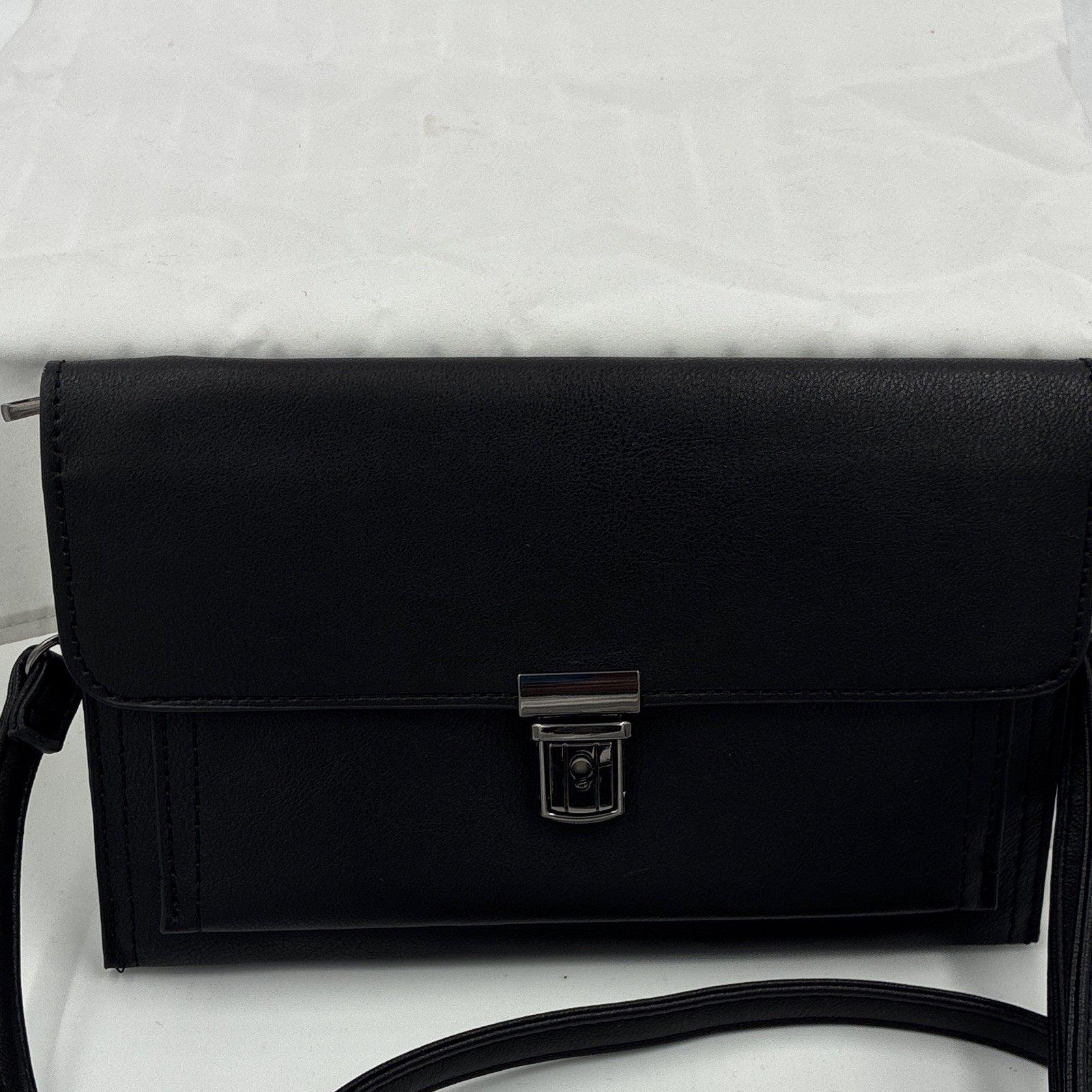 Women’s Black Small Crossbody Bag, Silver Hardware, Push Lock, Zip
