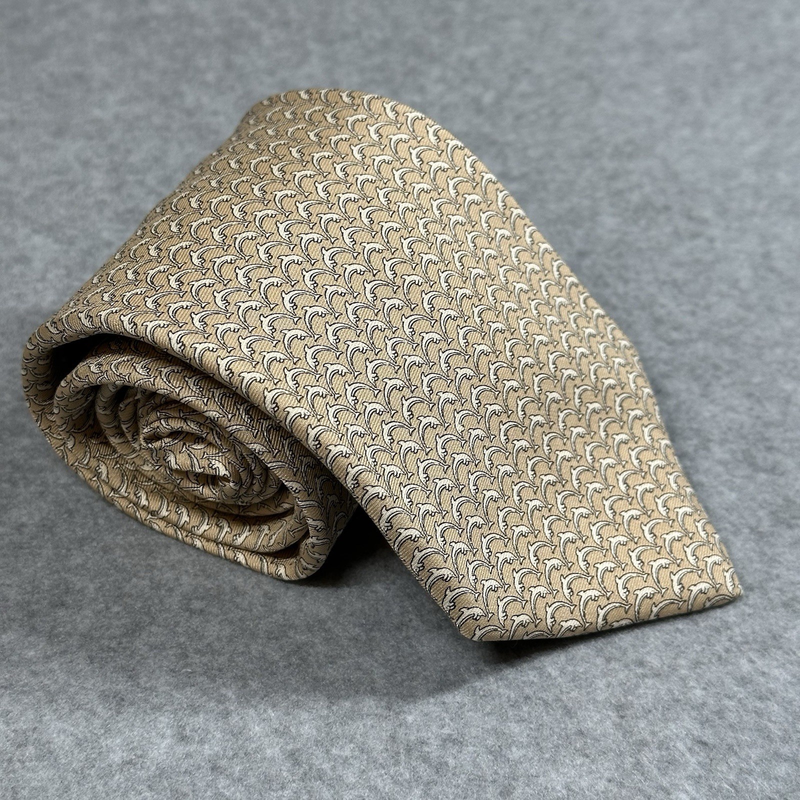 Brooks Brothers Makers Silk Dolphin Tie Tan Nautical USA Vintage 59×3.5in