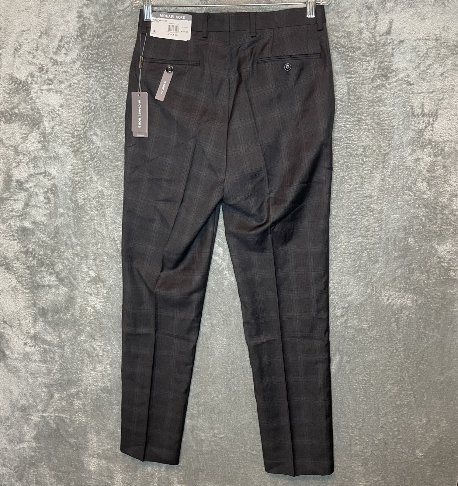 Michael Kors Mens Malone Classic Fit Plaid Wool Stretch Suit Pant Charcoal Brown