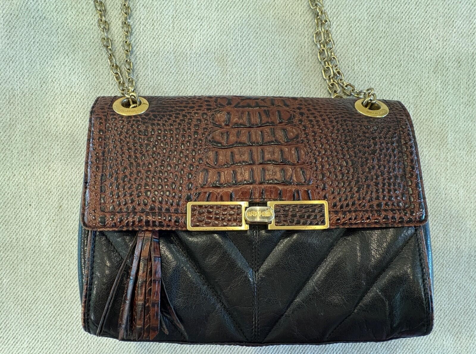 Brahmin Harrison Mixed-Media Shoulder Bag – Pecan Melbourne Croc-Embossed Leathe