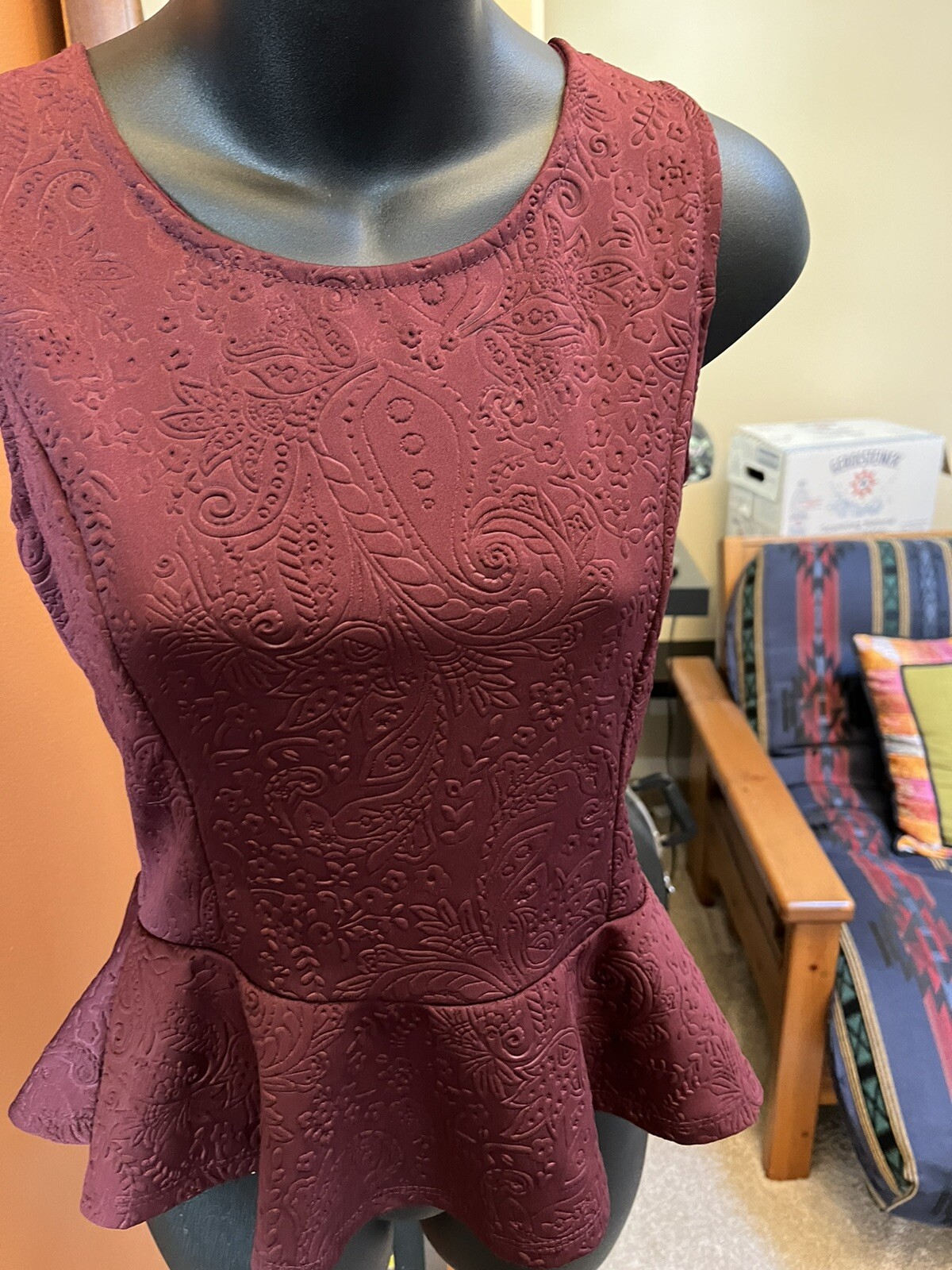 Vintage Style Ginger G Maroon Burgundy Wine Peplum Paisley Top