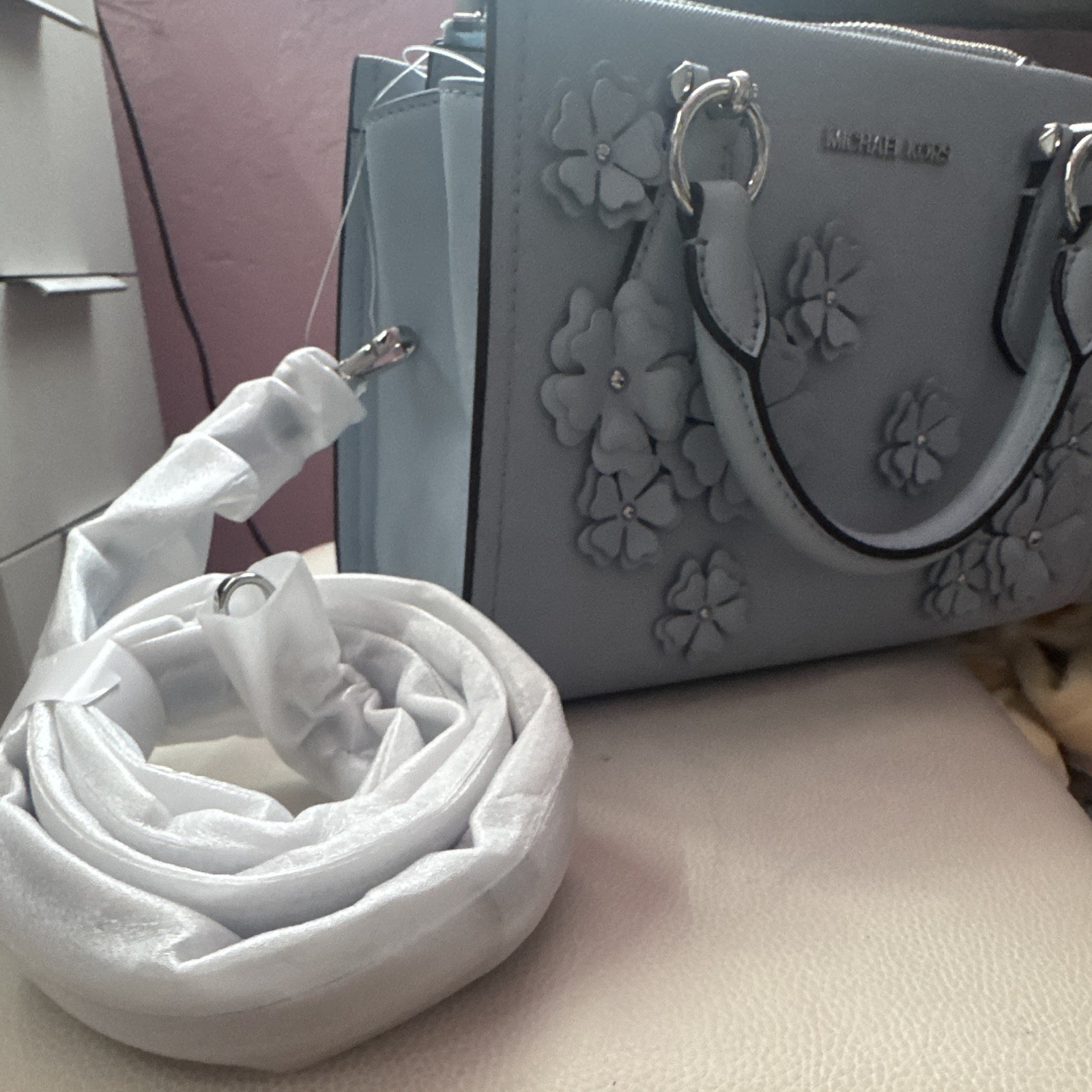Michael Kors Small Floral Satchel Top Handle Bag Blue Zip Detachable Strap