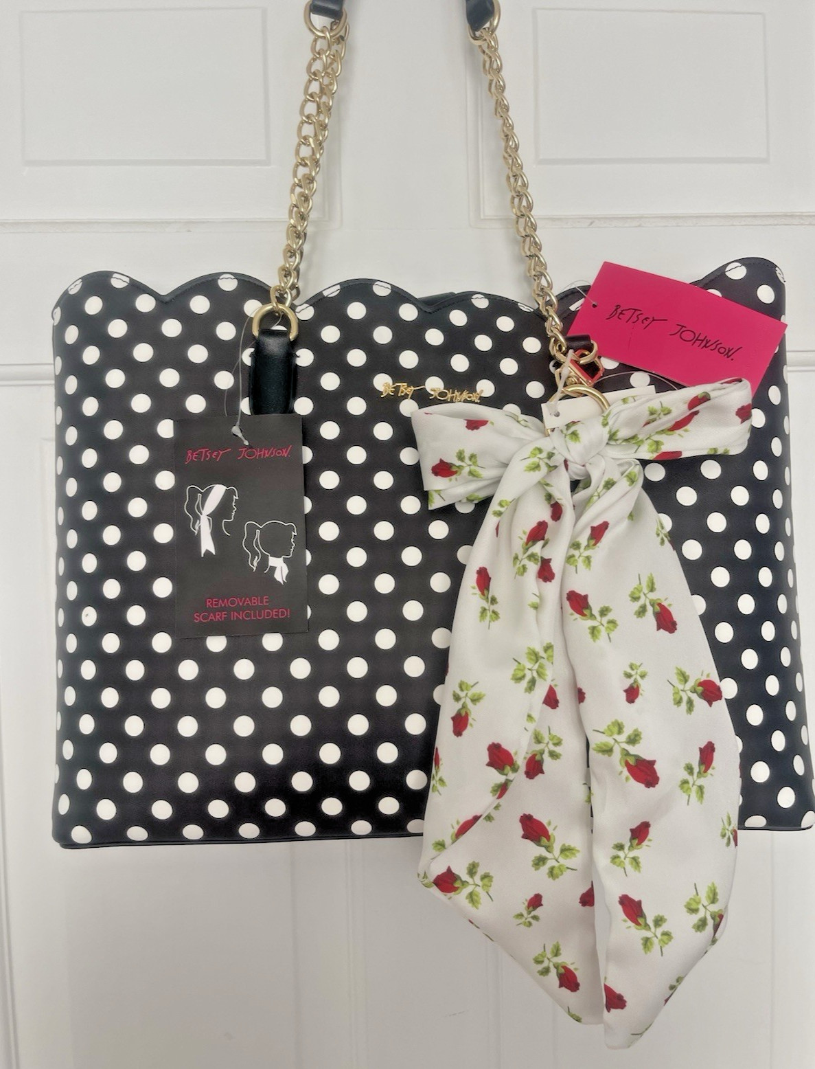 Betsey Johnson XO Tote Black/White Polka Dots Shoulder Bag Purse NWT