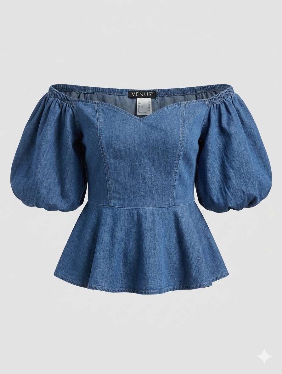 VENUS Denim Off The Shoulder Peplum Top Chambray Puff Sleeve Size 10
