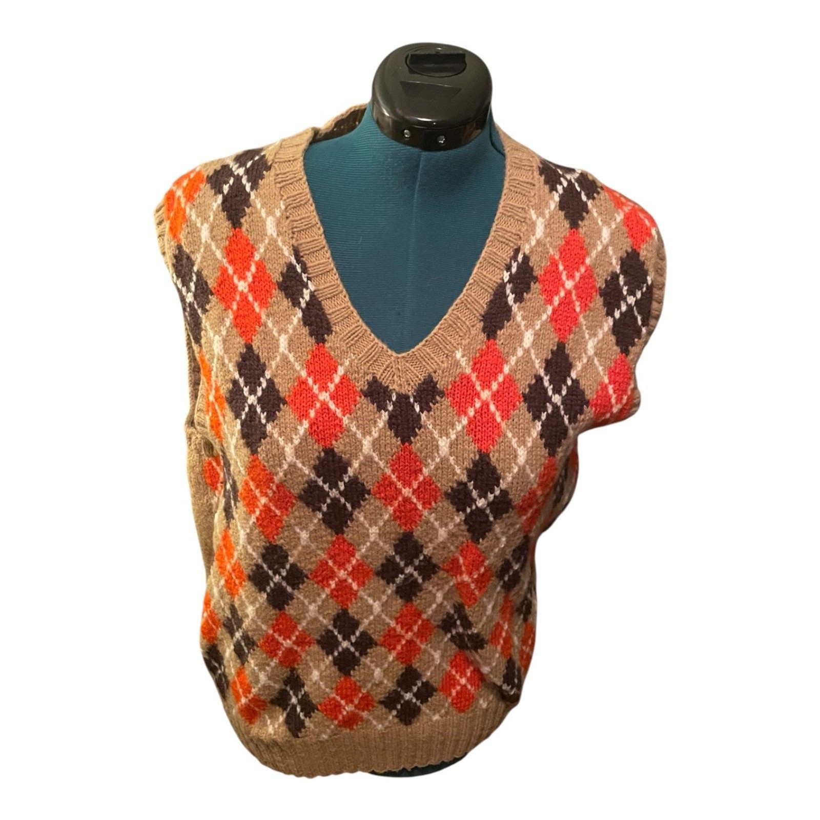Vintage Handmade Wool Blend Argyle Grandpa Sweater Vest Tan Orange Black L