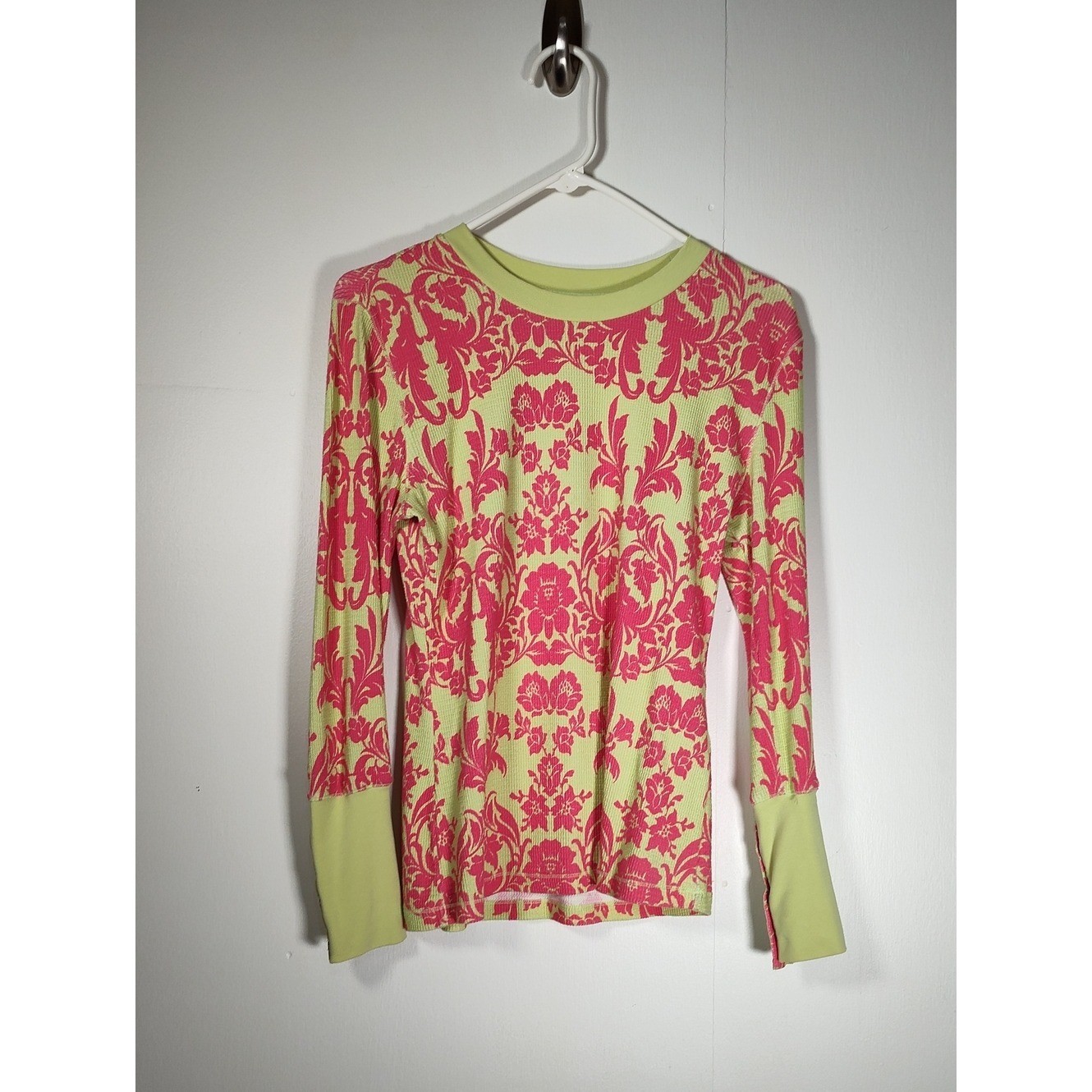 Sundance waffle knit thermal long sleeve top green pink floral M petite