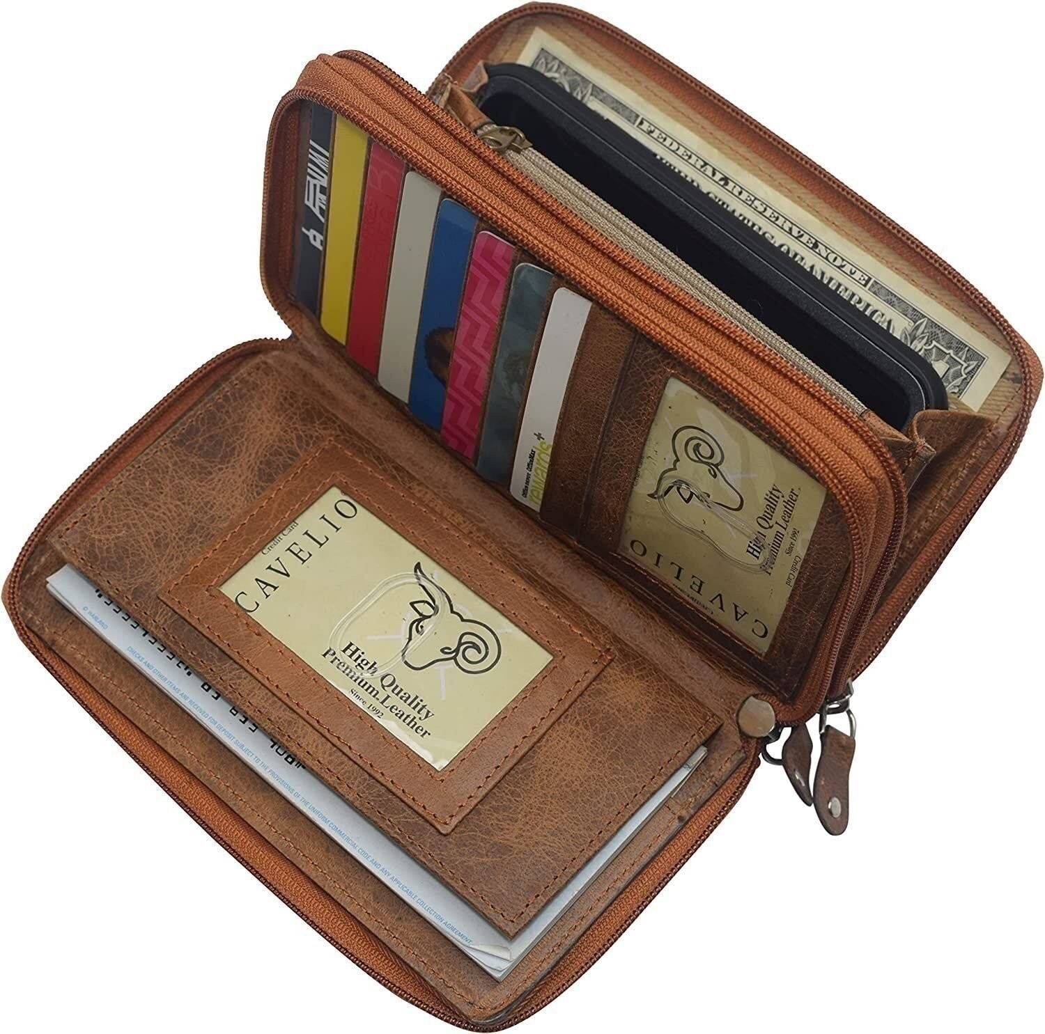 Marshal Genuine Leather Double Zipper Clutch Checkbook Wallet for Women #4575CF