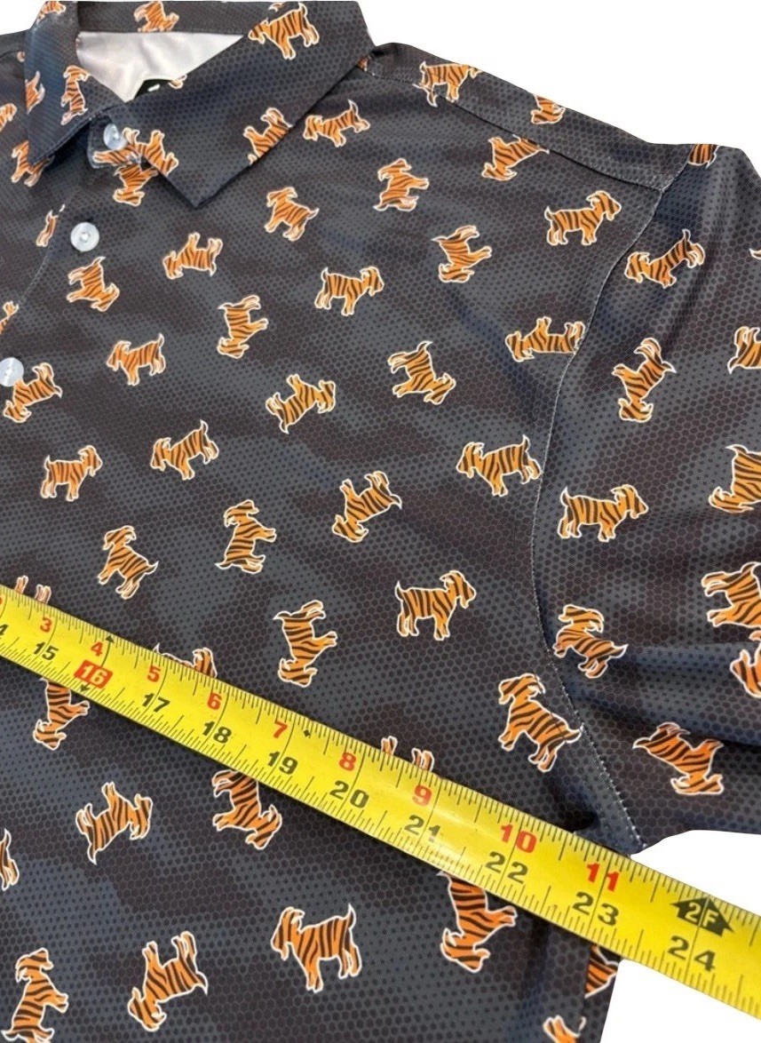 Waggle Golf “The GOAT” AOP Tiger Print Black Performance Polo – Men’s XL *READ*