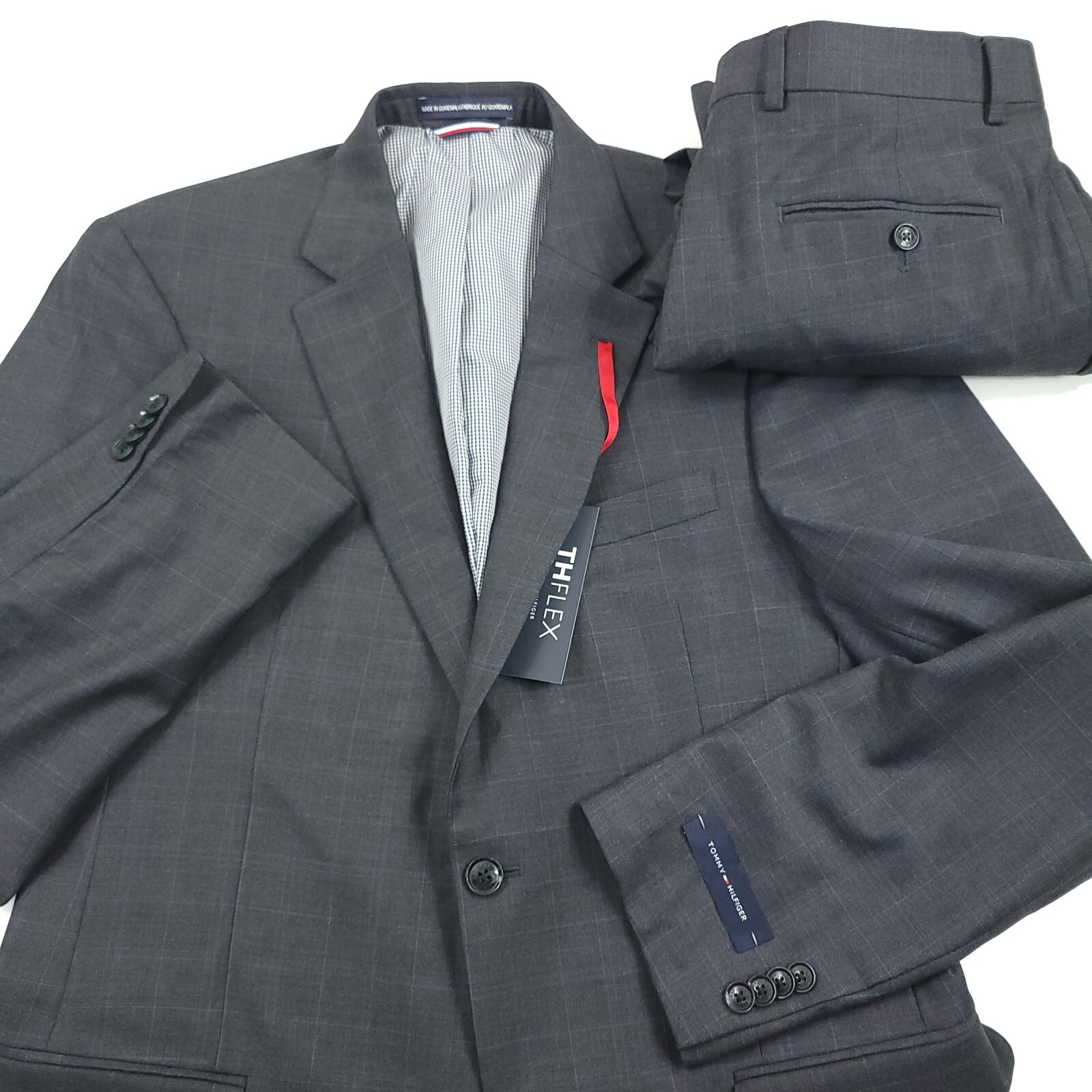 Tommy Hilfiger Suit Mens 40L X 34 TH Flex Gray & Blue Plaid Wool Blend NWT