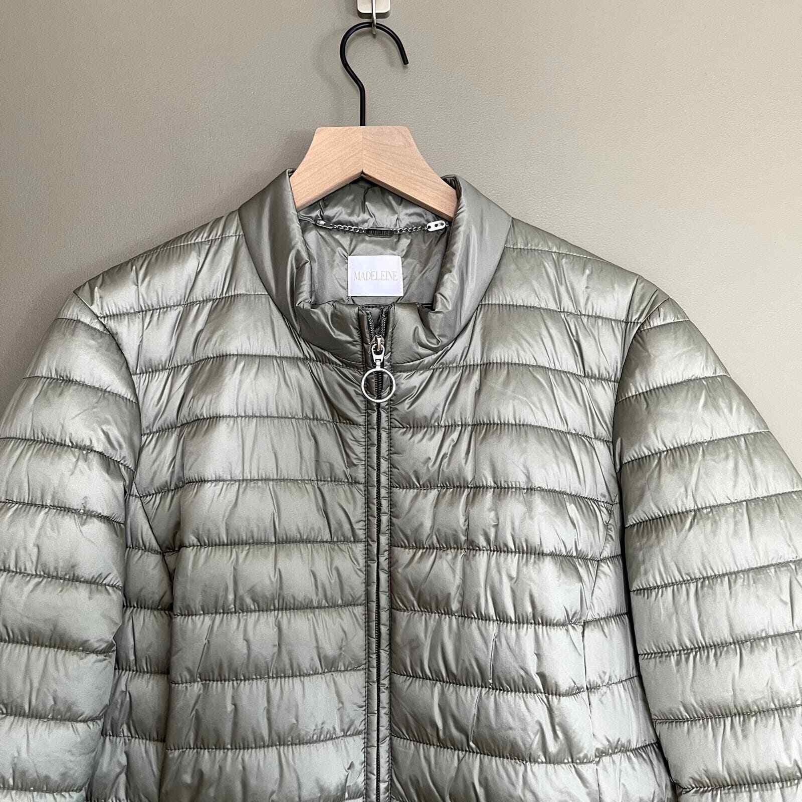 NWOT Madeleine Quilted Jacket Sage Green Size 16 Puffer Full Zip Ruffle Back