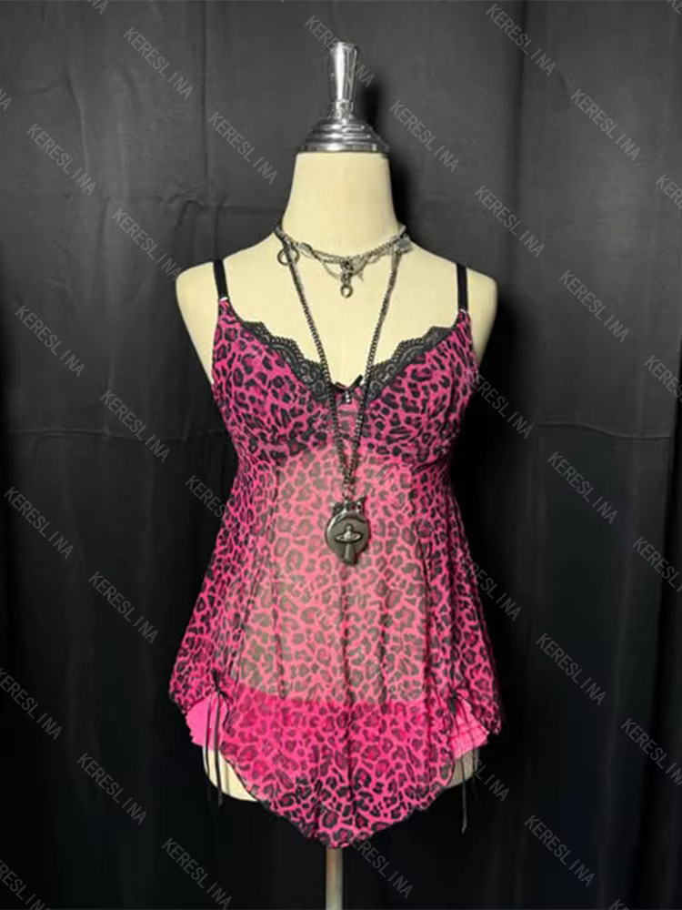 Womens Pink Leopard Print Tank Top Y2K Cami Ruffle Babydoll Lace Trim S-L