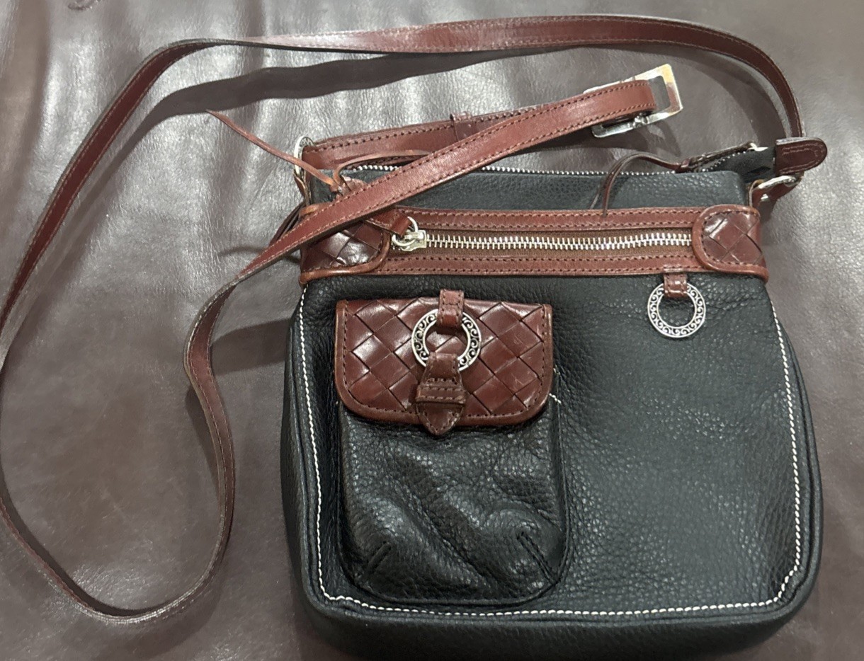 Brighton Crossbody Bag Small Black Leather Brown Trim Card Slots Pockets 8”by 8”
