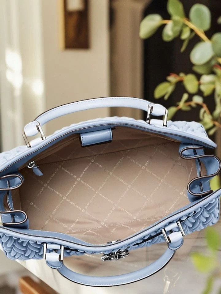Michael Kors Hamilton Women Medium Matelassé Satchel Bag + Coin Purse Pale Ocean