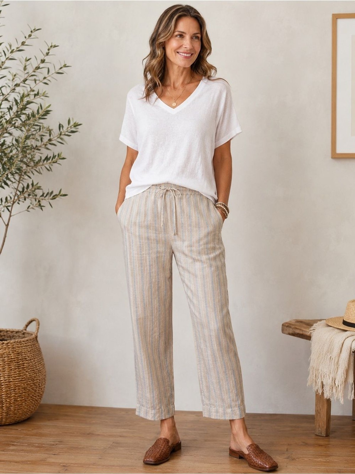 J. Jill Love Linen Striped Pants XL 100% Linen Drawstring Cropped Pants Coastal