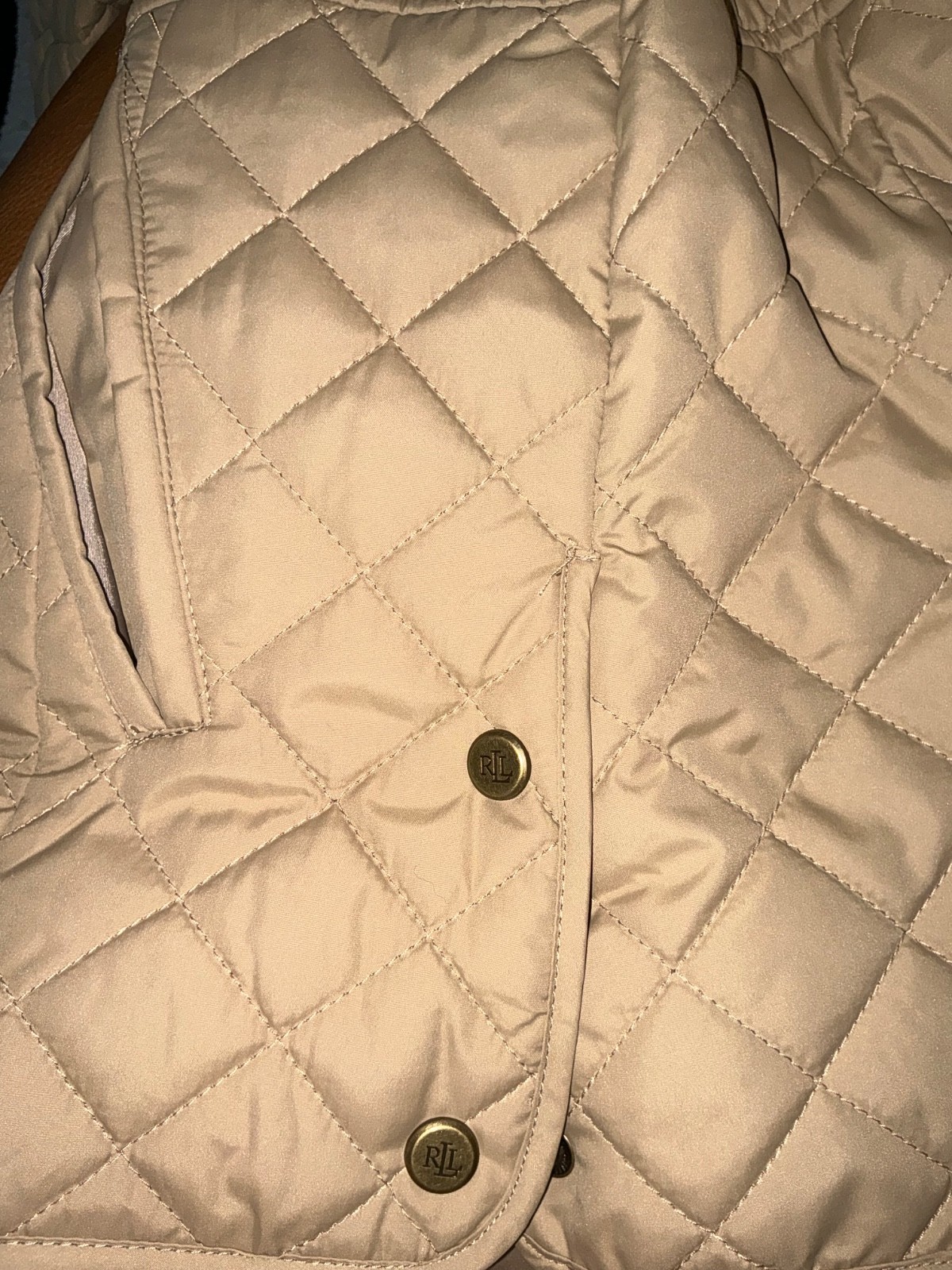 Lauren Ralph Lauren Crest Patch Quilted Jacket Birch Tan Beige Sz M wmns NWT
