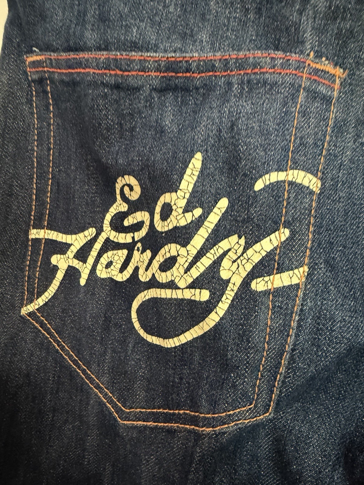 Ed Hardy Men’s Blue Dark Wash Straight Denim Jeans Embroidered Skull Distressed
