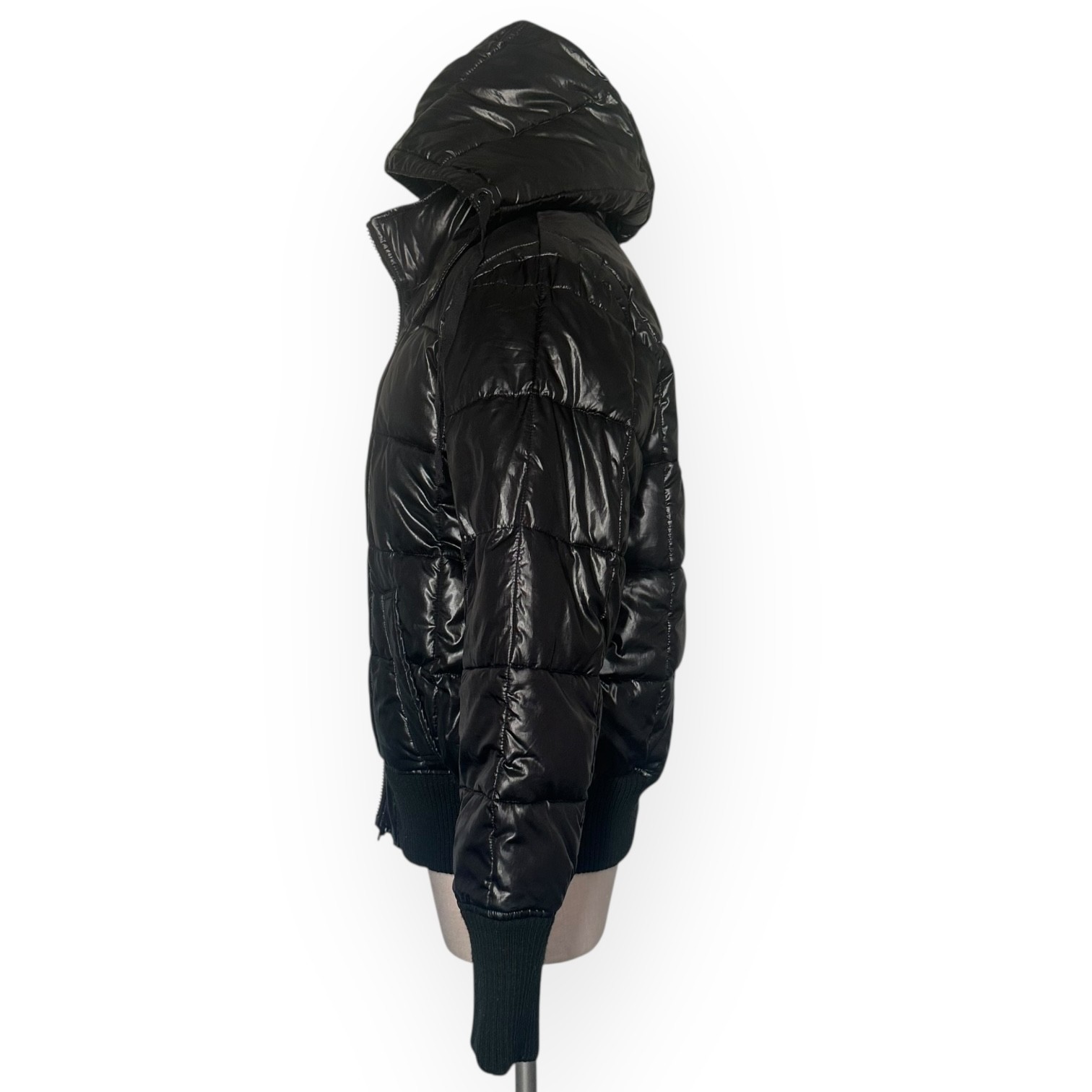 ’94 Vintage OLD NAVY Quilted Puffer Jacket Gloss Removable Hood Coat Black XL