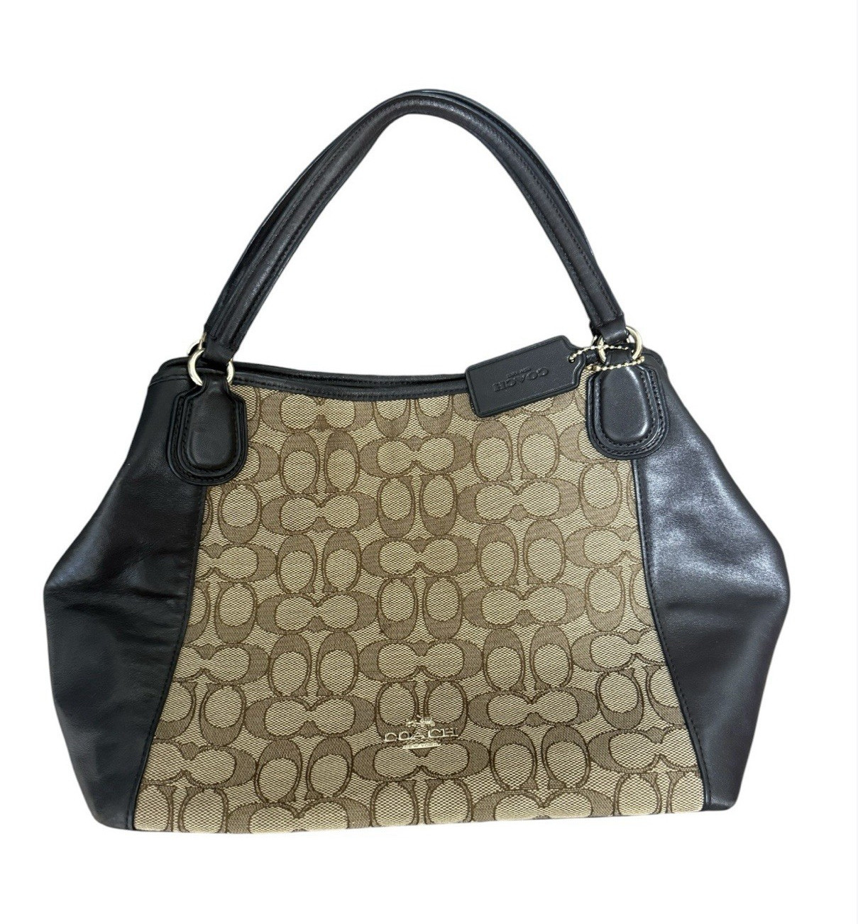 Coach Signature Monogram Medium Crescent Hobo Zip Shoulder Bag Charm Beige