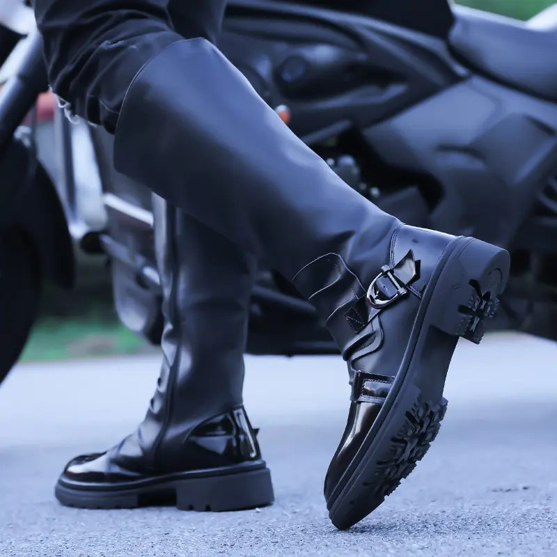 Mid Claf Boots Men’s Vintage Pleated Patent Leather Riding Motorcycle Punk Shoes