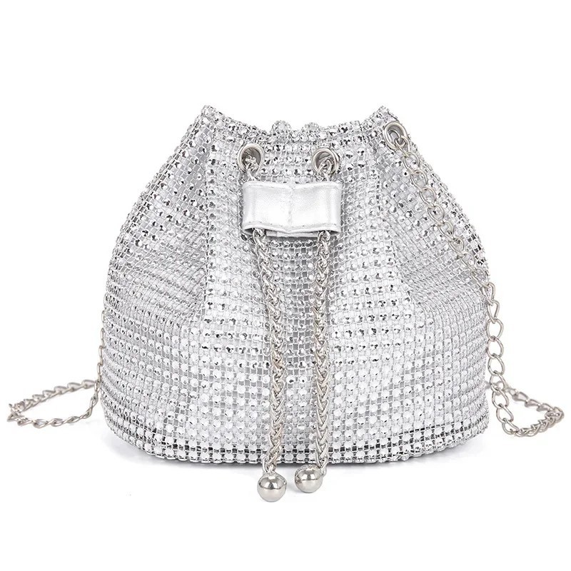 Sparkling Rhinestone Crossbody Bag Drawstring Bucket Purse for Women