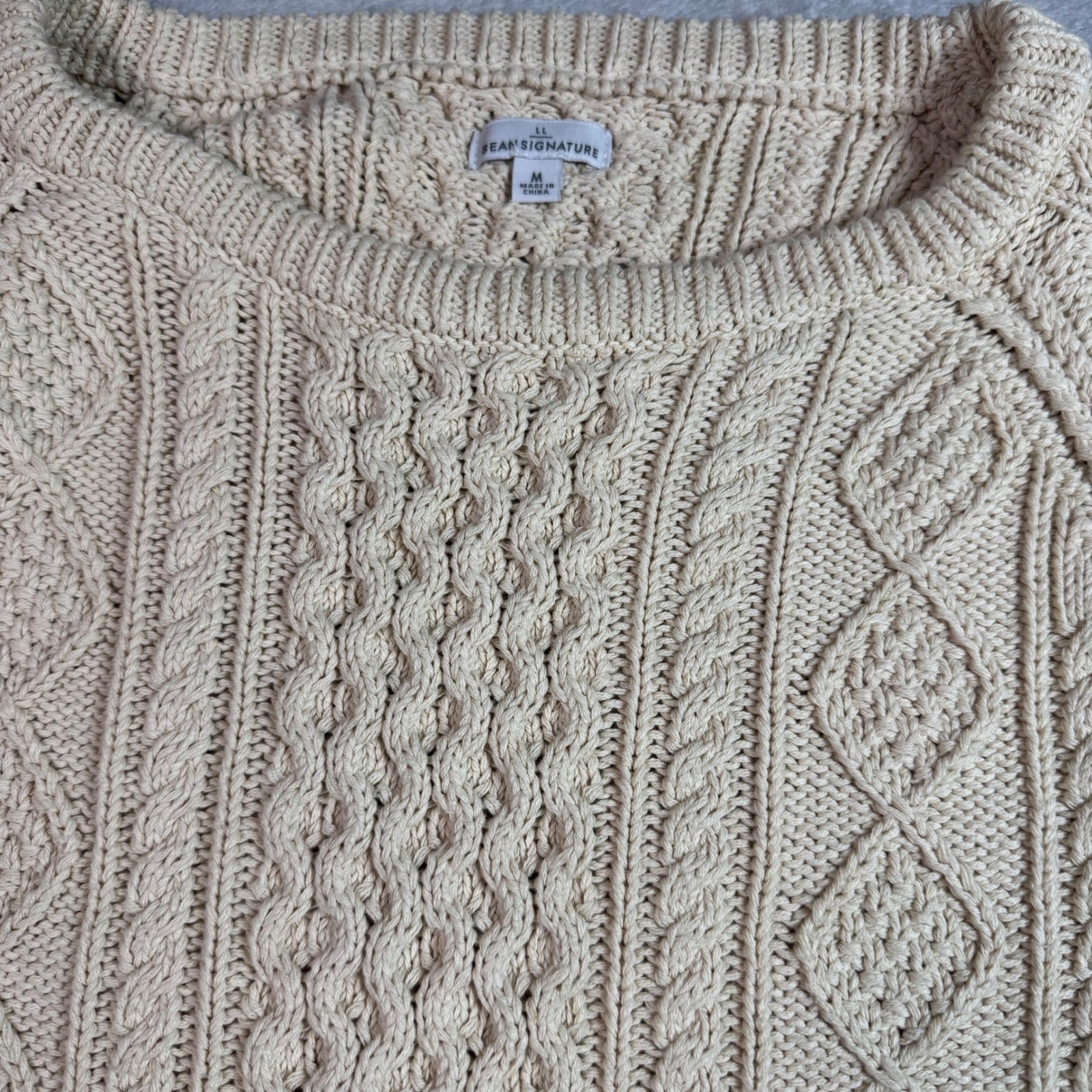 LL Bean Signature Women’s M Cream 100% Cotton Cable Knit Side Zip Sweater S