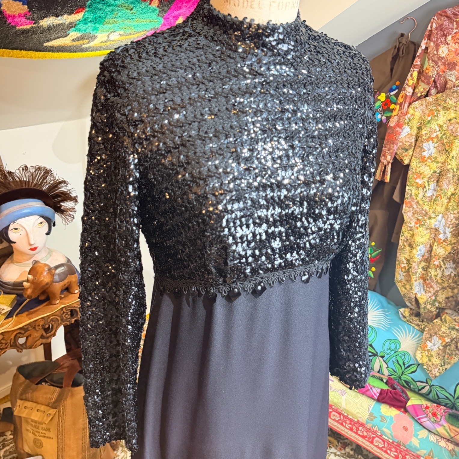 Stunning VTG 1960s Black Sequin Mock Neck Long Sleeve Maxi Evening Dress Size 14