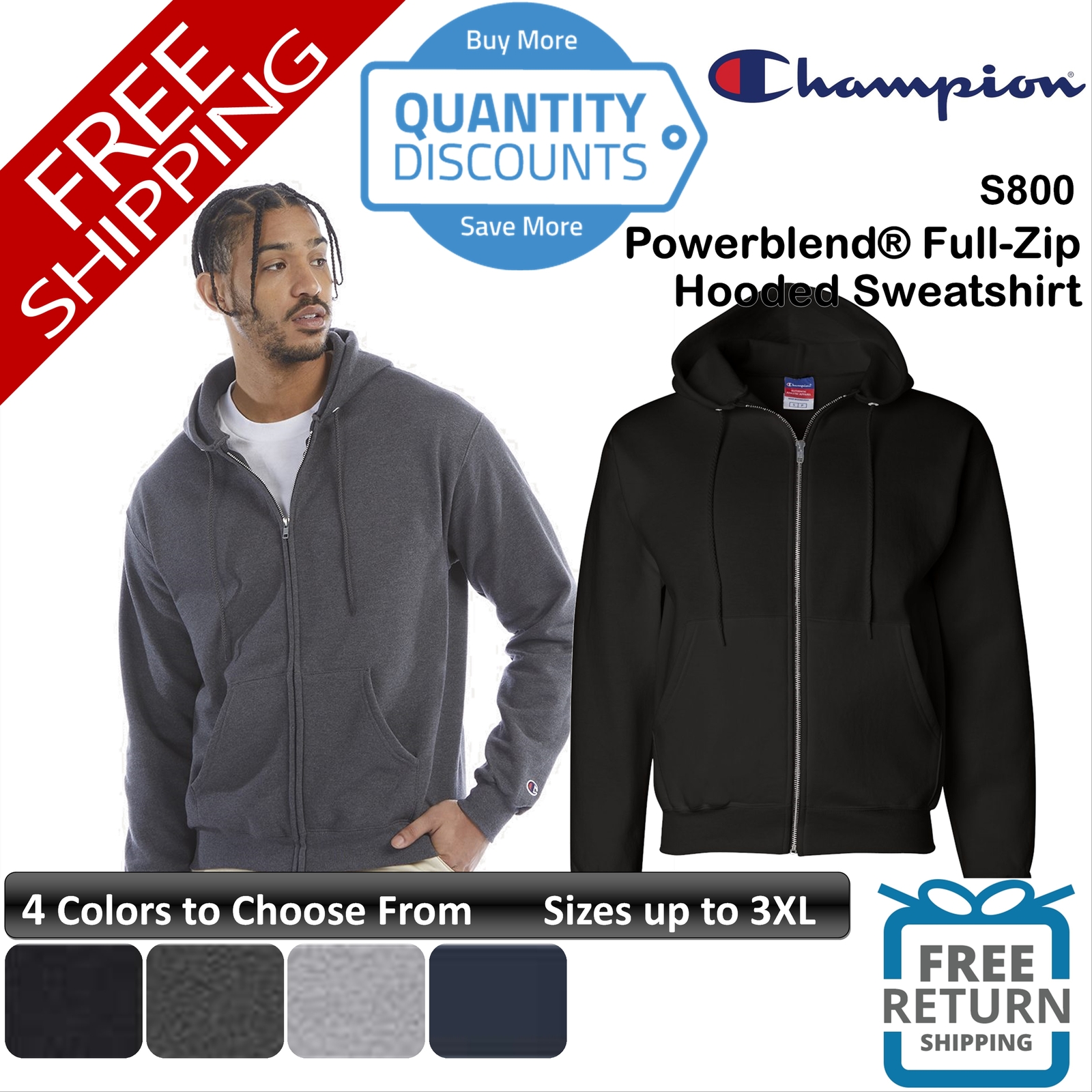 Champion Men Powerblend Pouch Pockets Full-zip Hooded Sweatshirt Up To 3XL S800