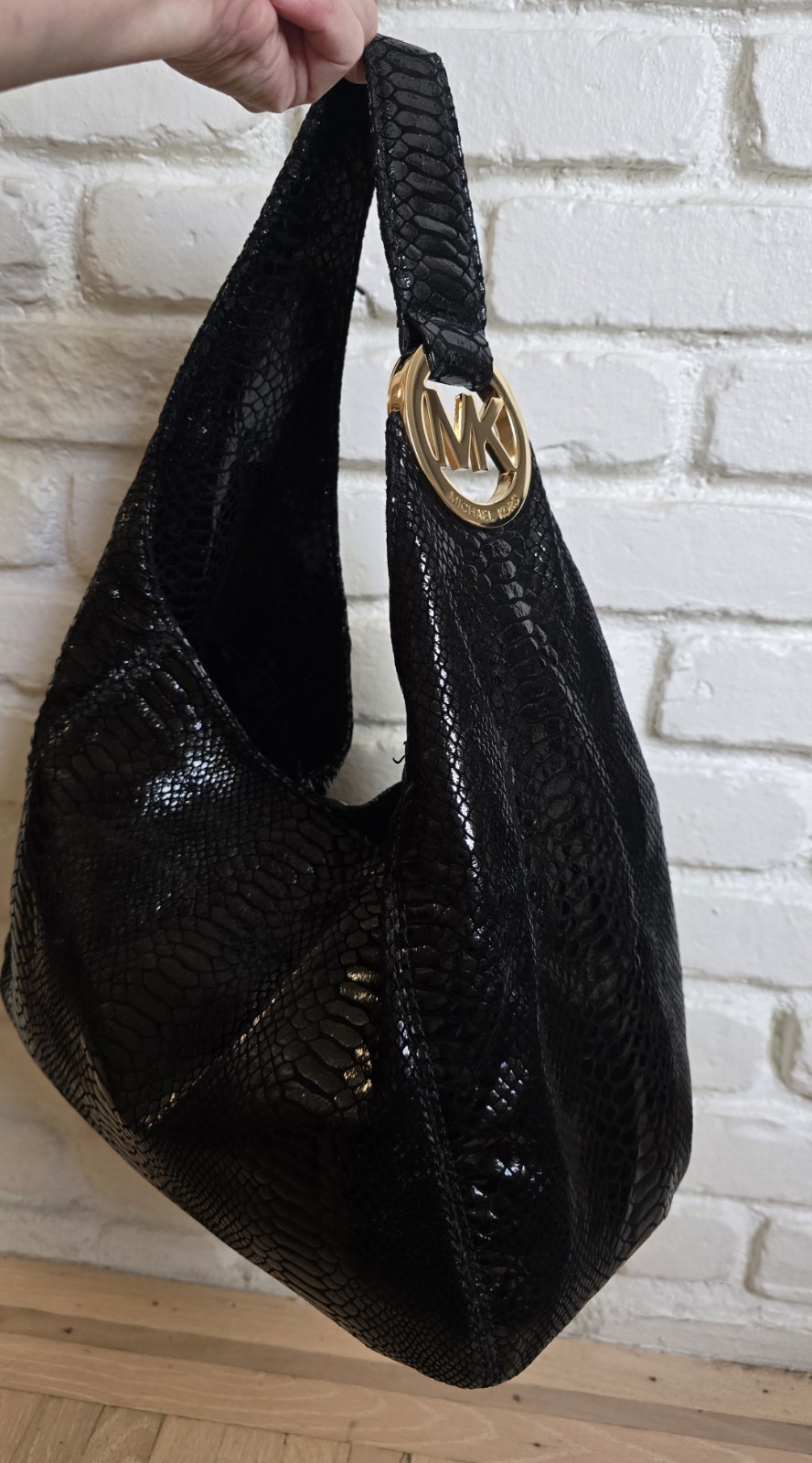 Michael Kors Black Python Snakeskin Embossed Leather Hobo Bag Gold Hardware