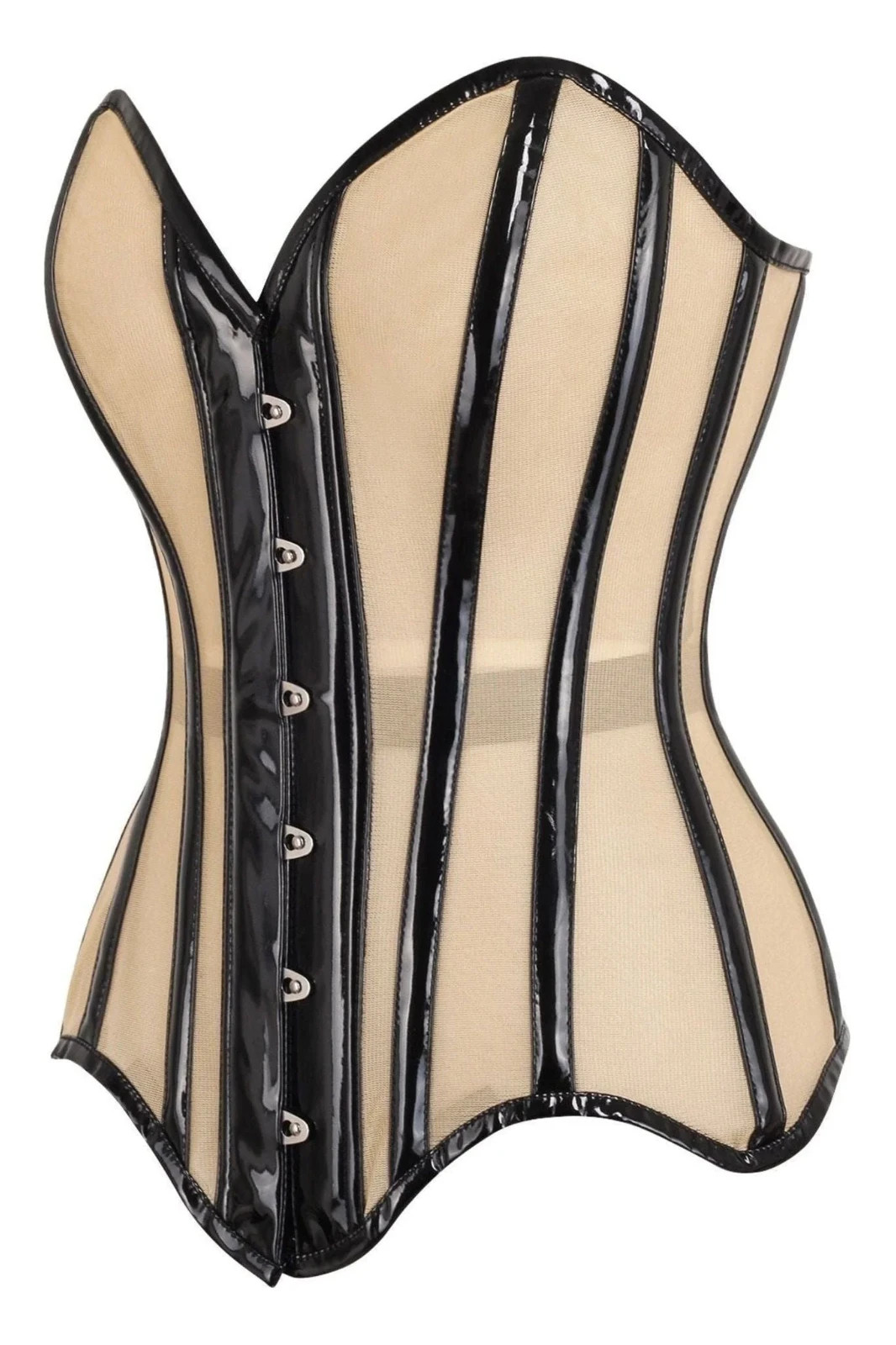Nude Mesh & Black Vinyl Pvc Corset Overbust Steel Boned Goth Vampire Club Pinup