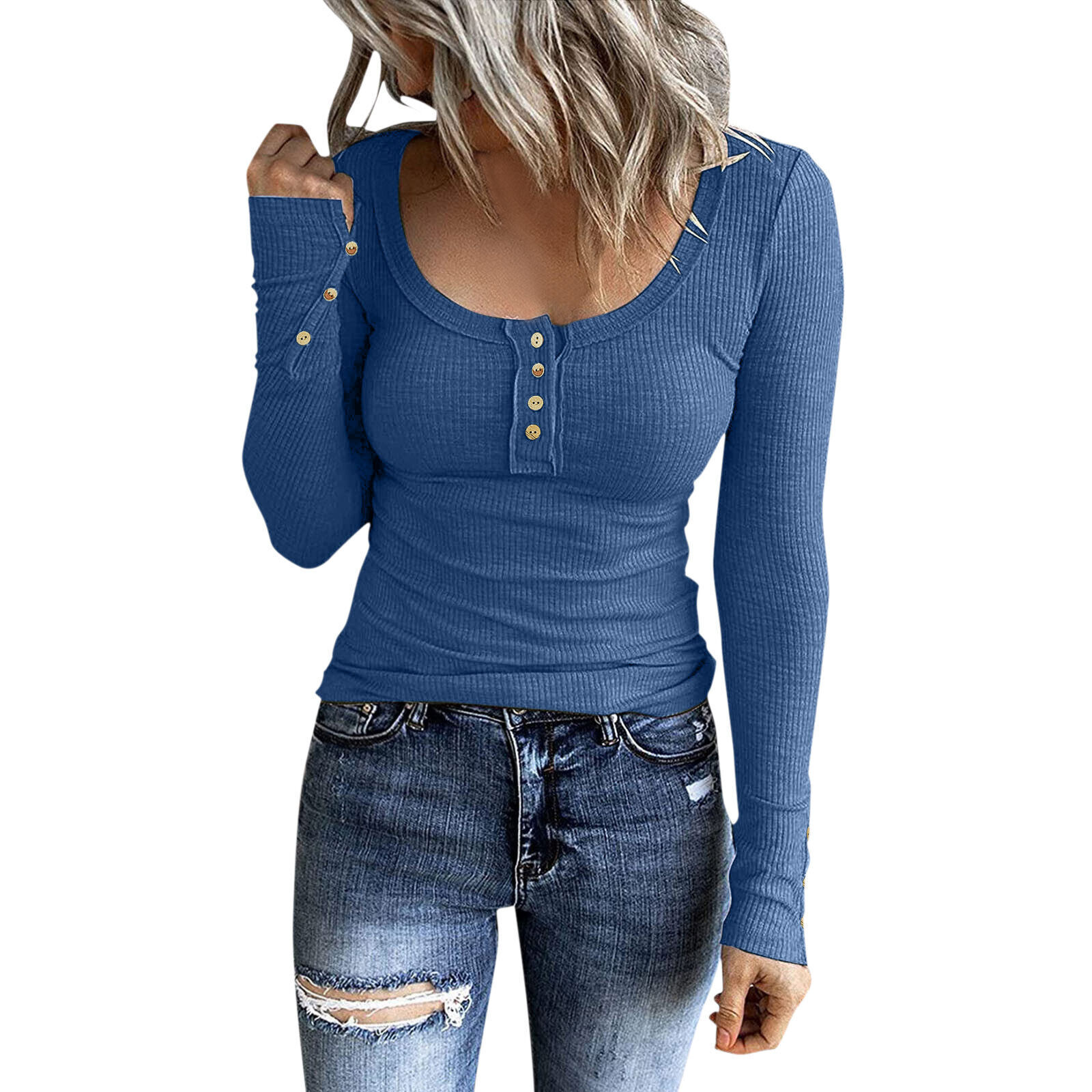 Lady Long Sleeve Henley T Shirt Button Slim Fit Top Scoop Neck Ribbed Knit Shirt