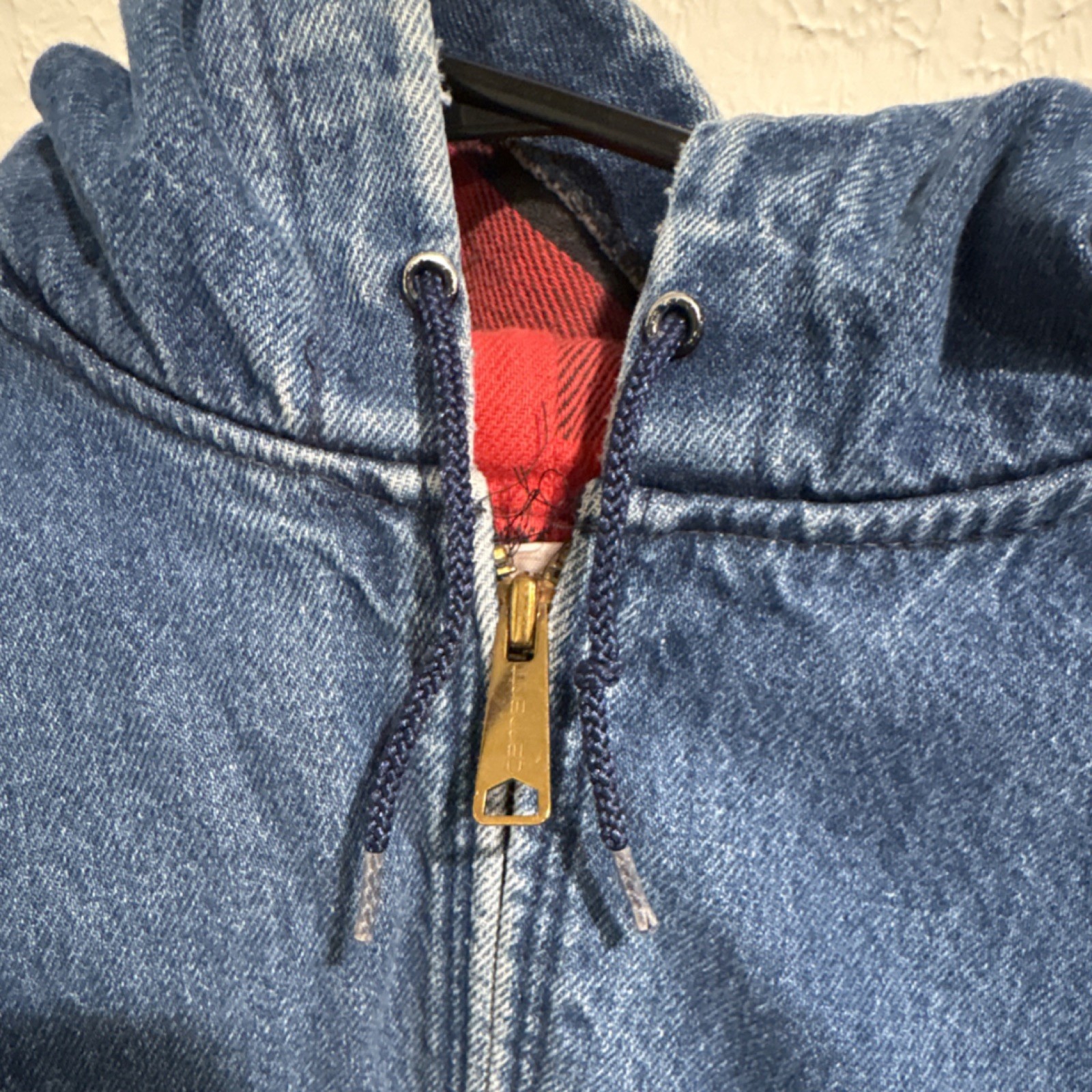 Vintage Carhartt 100 Years 1889-1989 1980s Blue Denim Hooded Jacket Plaid Lining