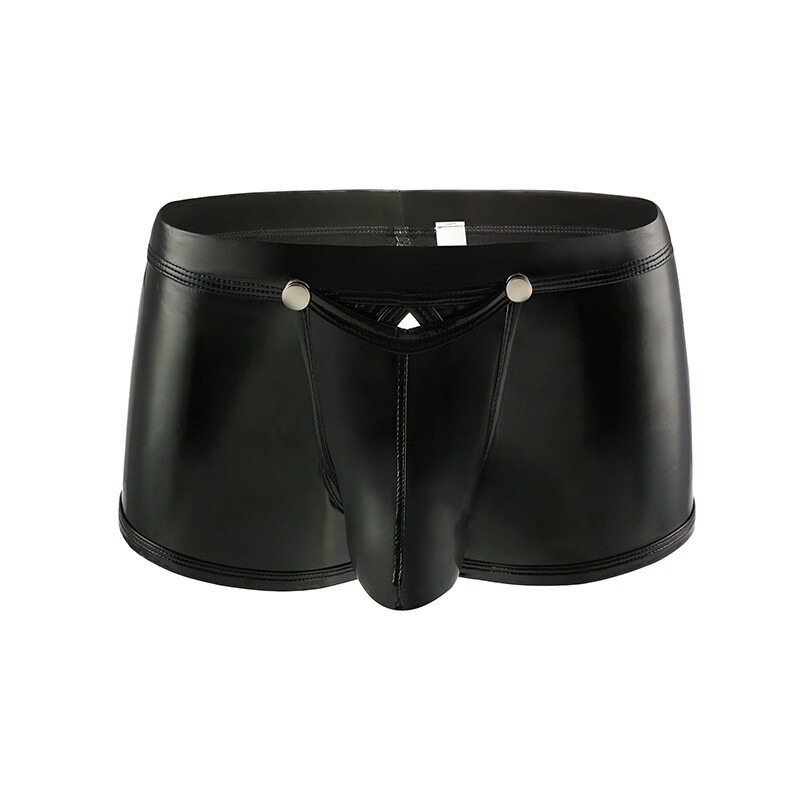 Men Sexy Wet Look Shiny Boxer Briefs Trunks Underwear Removable Button Pouch