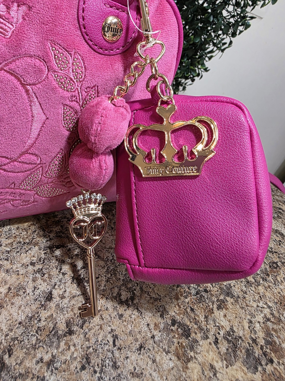 Juicy Couture Pink Logo Satchel Top Handle Zip Rhinestone Charm Gold Hardware