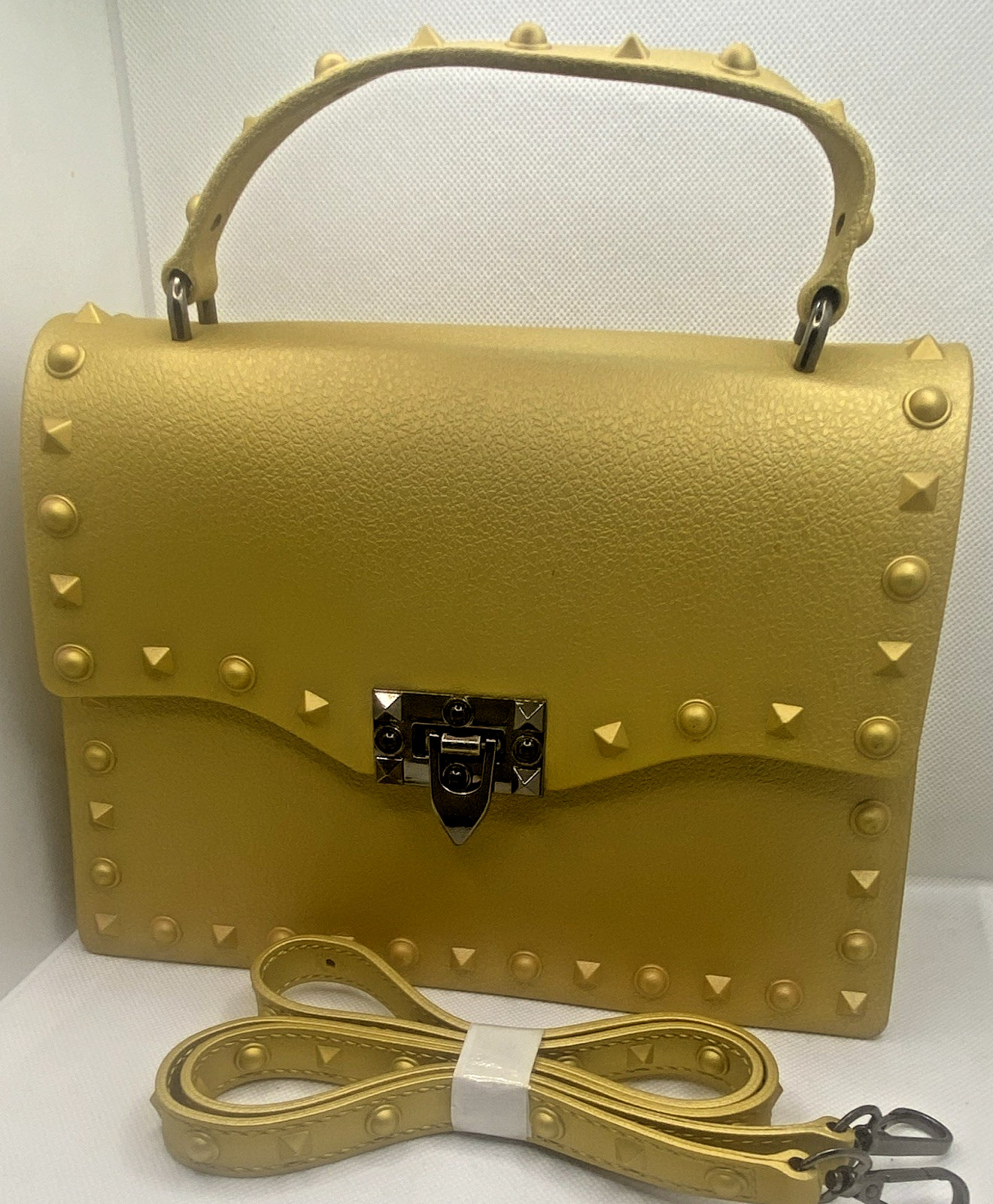 Gold Studded Satchel Top Handle Bag w/ Detachable Adjustable Crossbody Strap