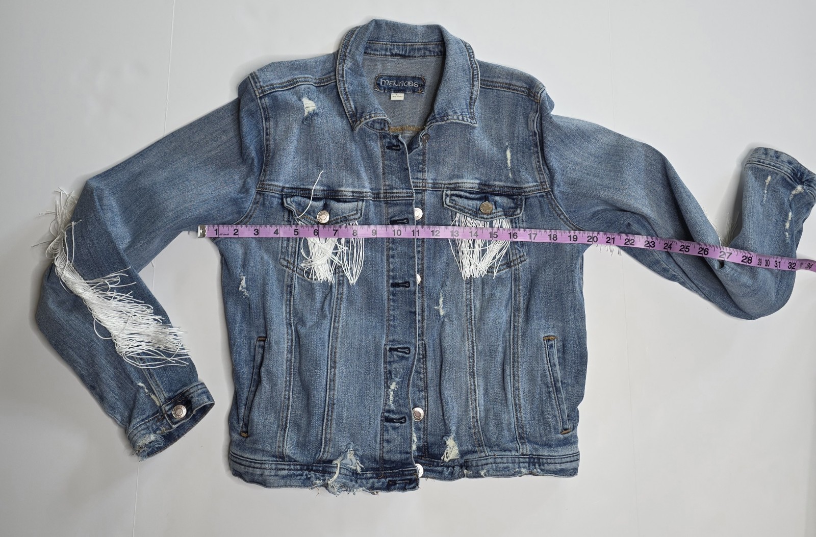 Distressed Fringe Denim Jacket L Y2K Boho Western Statement Cowgirl Vibes Rodeo