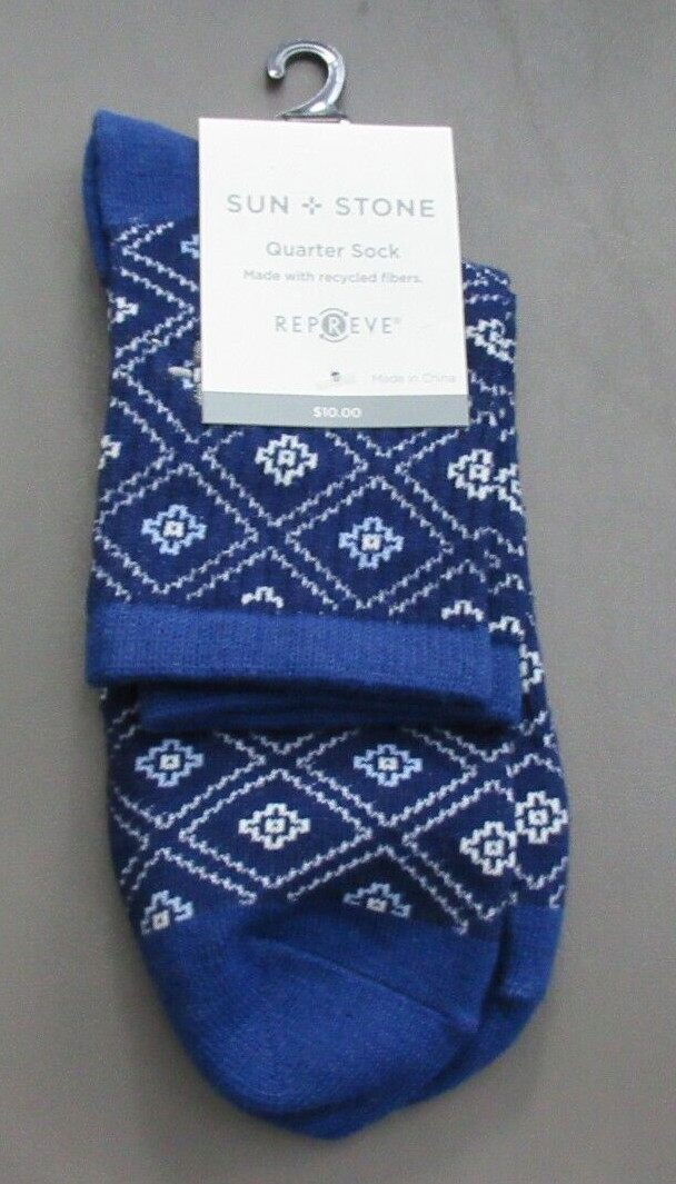 Sun + Stone Men’s 1-Pair Half-Calf Quarter Socks, Blue Geometric, Shoe Size 7-12