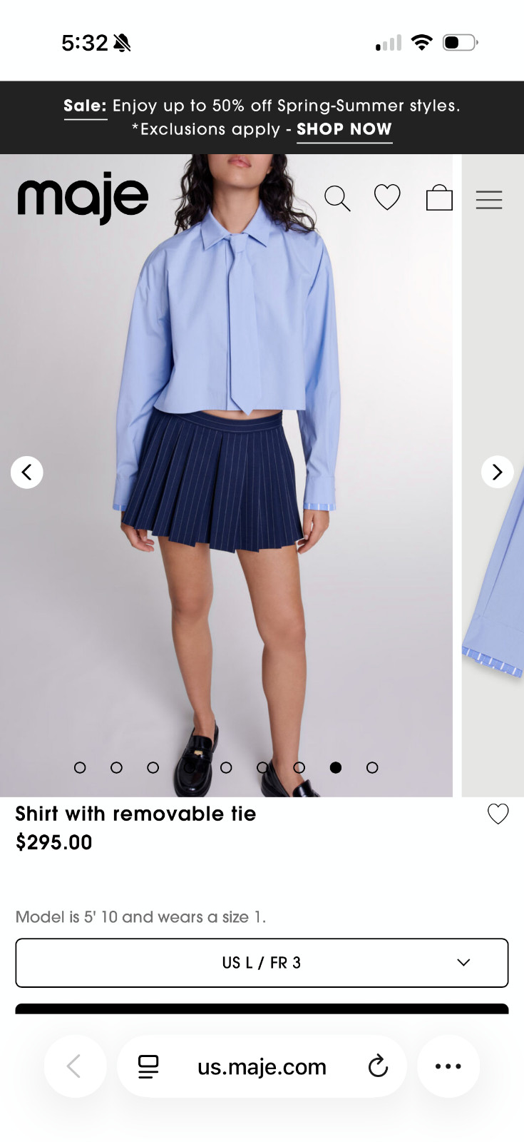 NWT Maje Light Blue Cropped Button Down Shirt with Removable Tie Size S Small