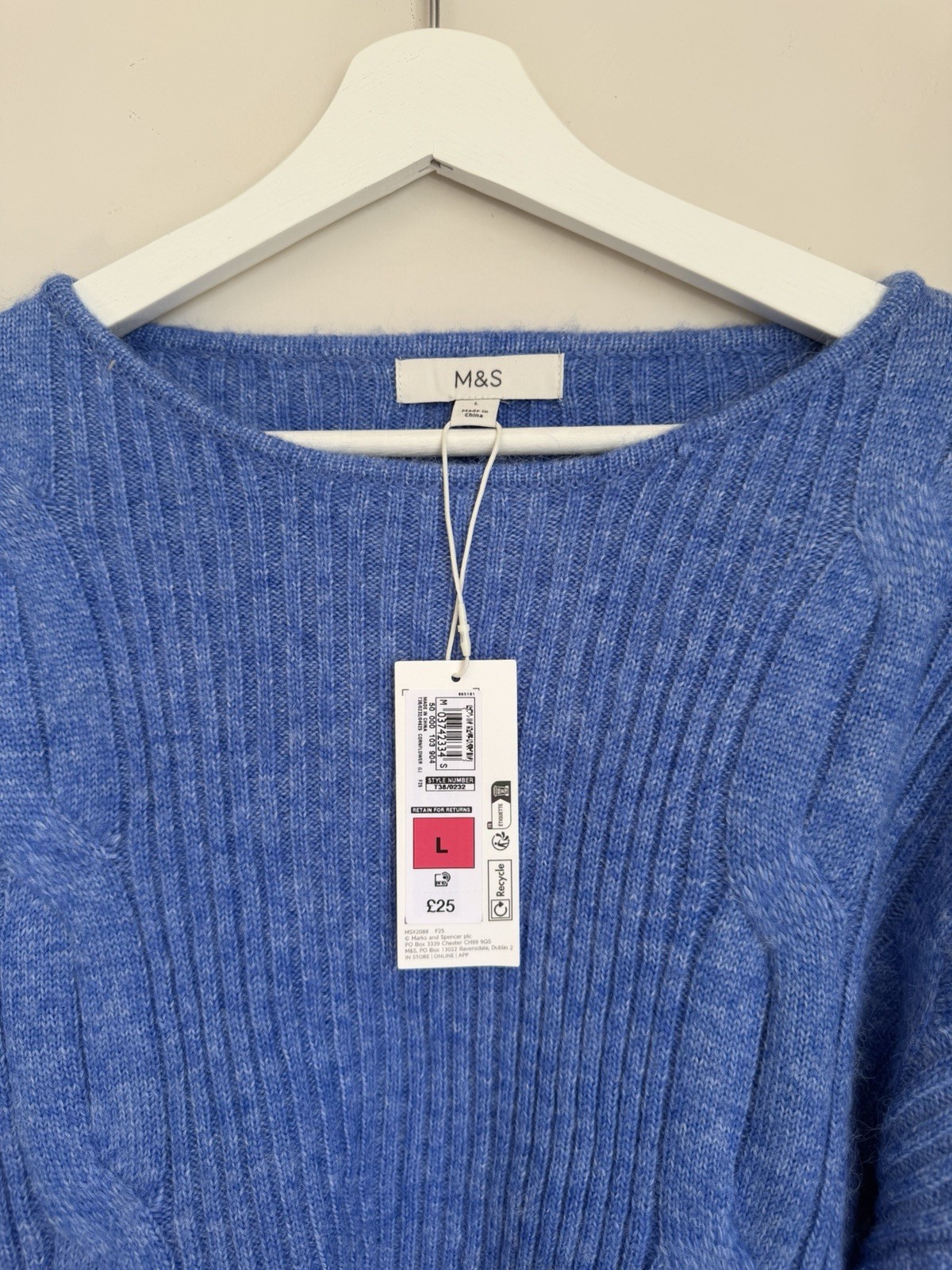 Marks & Spencer Cable, Rib, Boat Neck Jumper In Cornflower Blue Size L, BNWT