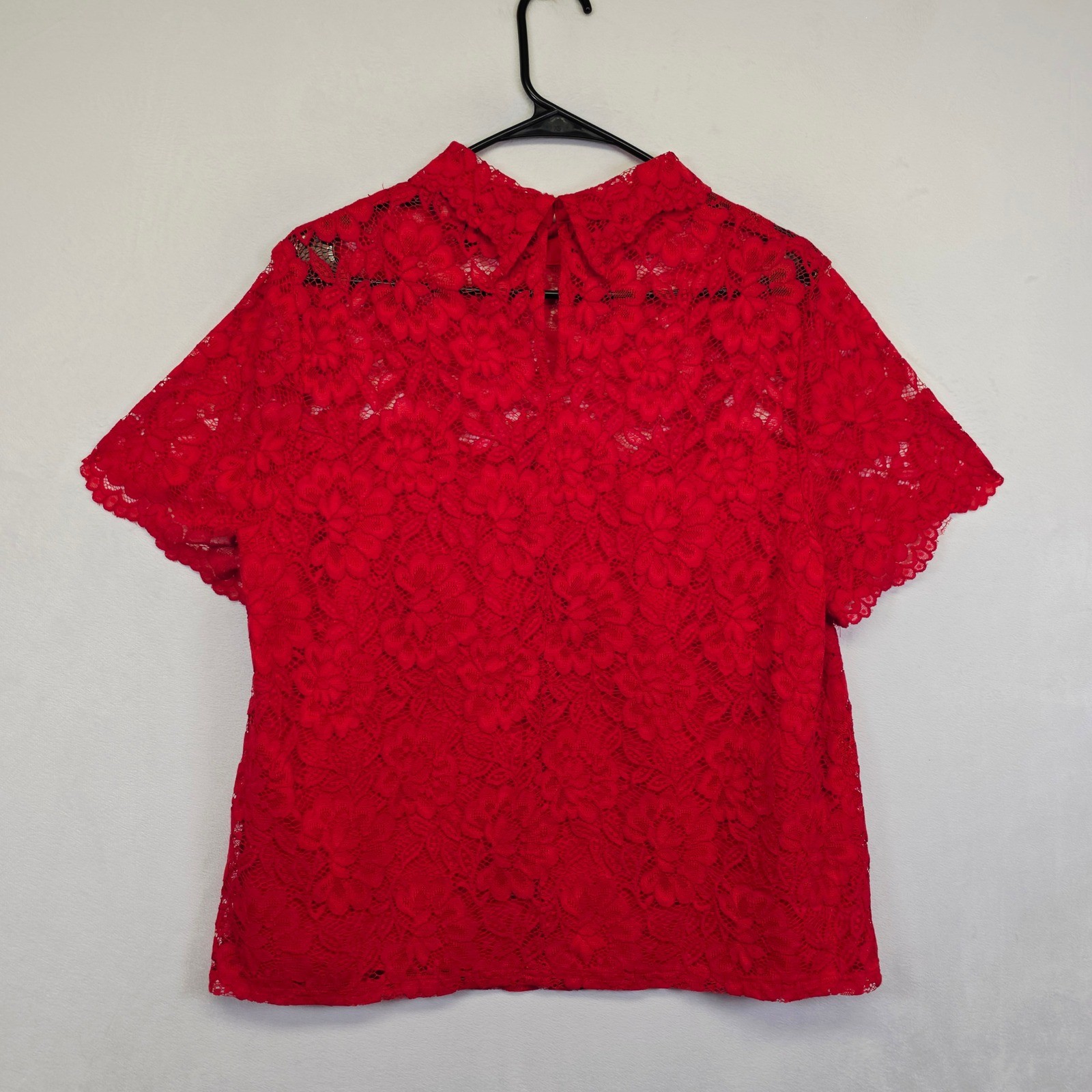 Laundry Shelli Segal Lace Blouse Womens L Red Romantic Overlay Cami Coquette