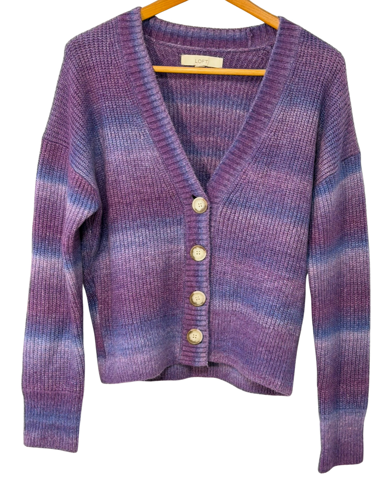 Loft Sz M V-Neck Cardigan Button Front Purple Ombre Stripe Rib Knit Wool Blend