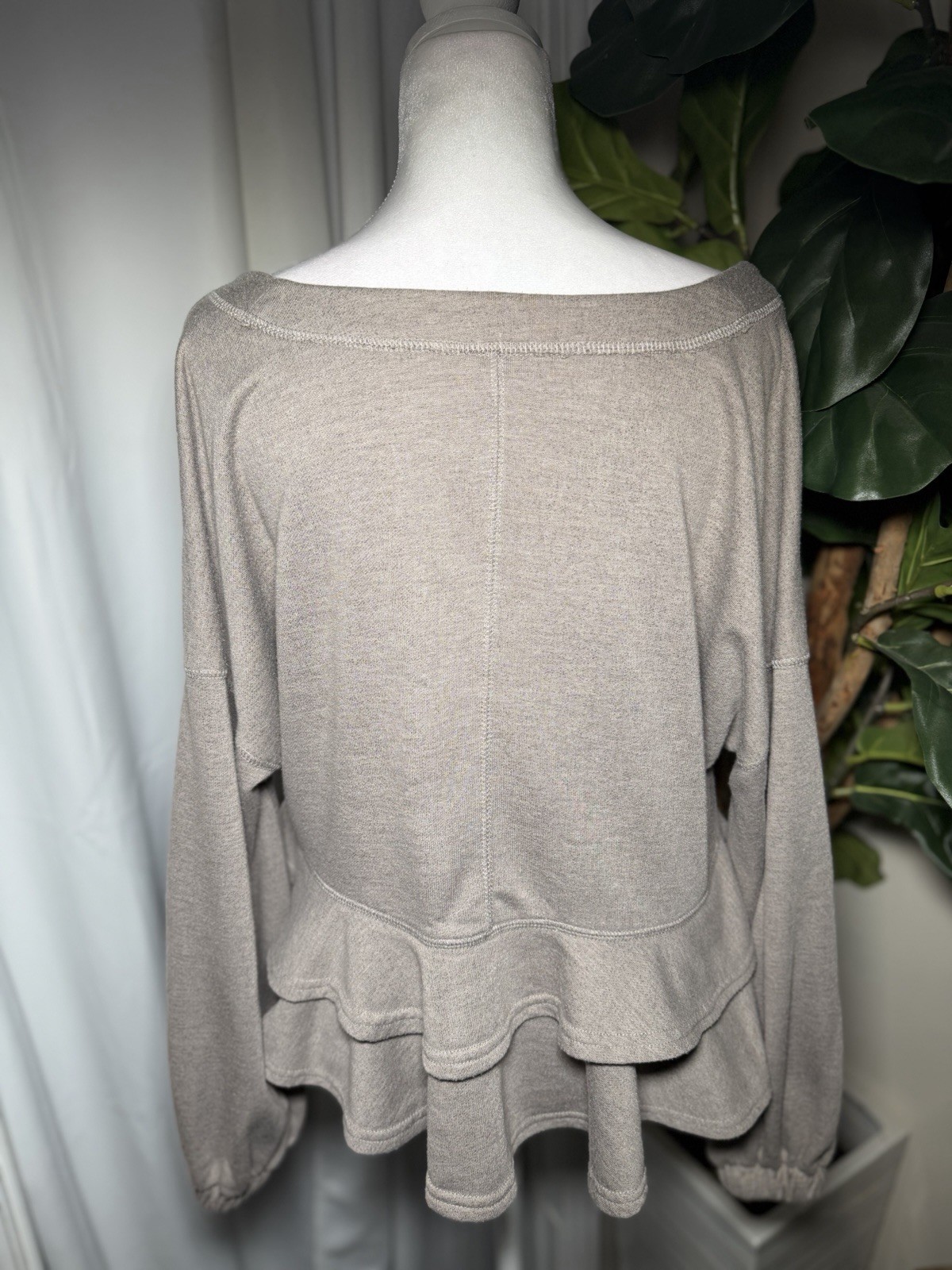 Taupe V Neckline Ruffle Blouse- Oversized Women’s Size: S