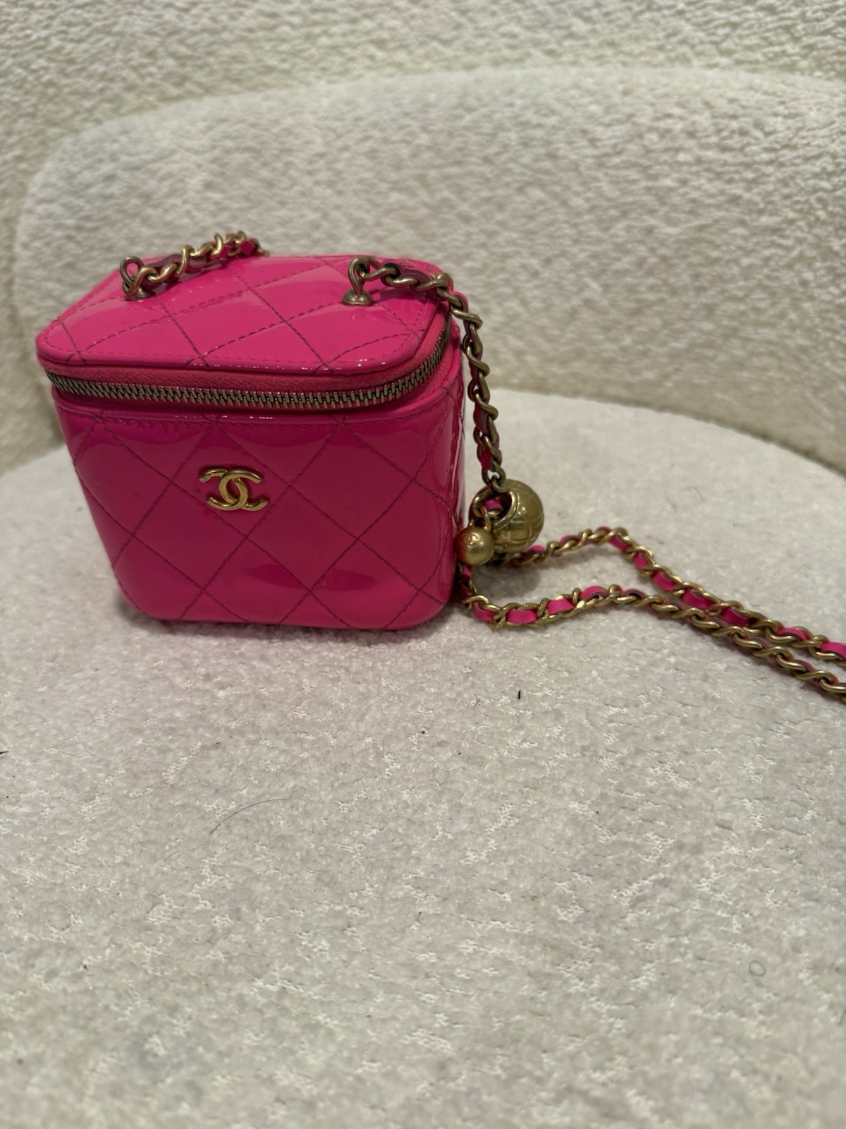 Chanel Hot Pink Patent Leather Quilted Vanity Case CC Chain Crossbody Bag
